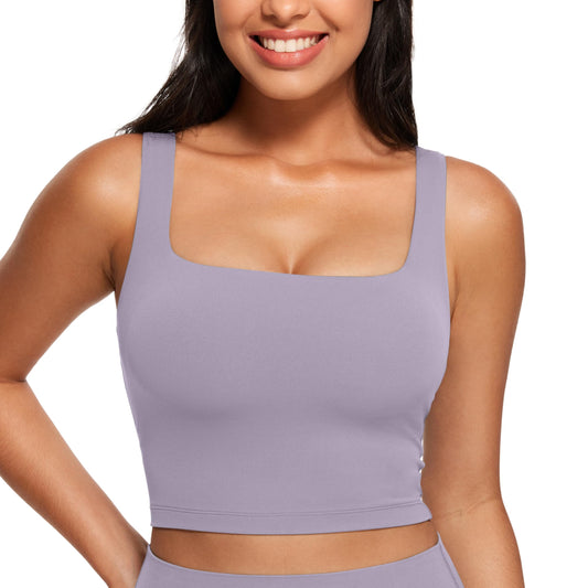 CRZ YOGA Butterluxe Womens Square Neck Longline Sports Bra - Workout Crop Tank Tops Padded with Built in Shelf Yoga Bra Lavender Mist XX-Small