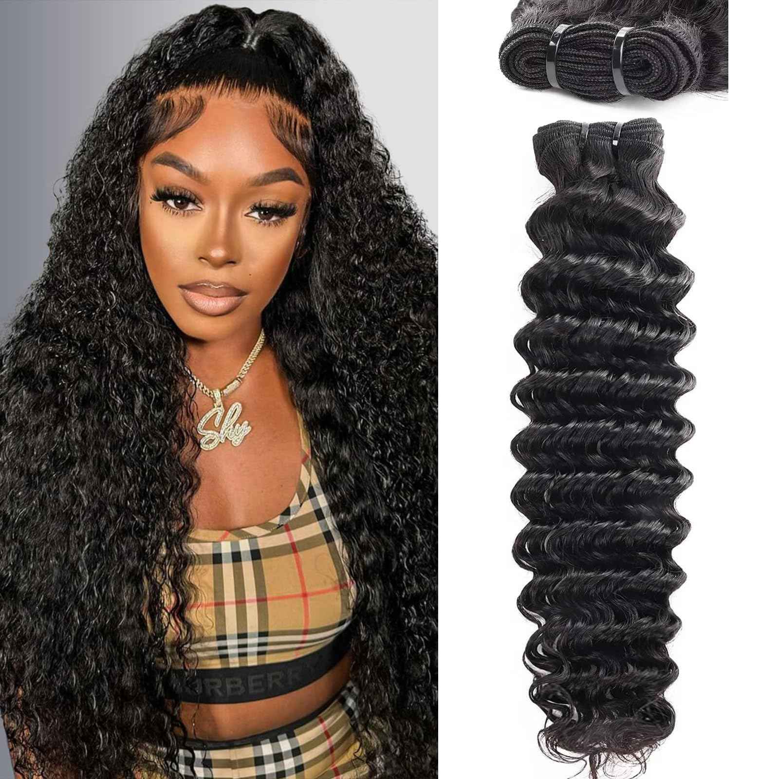 Deep Wave Human Hair Bundles 18 Inch Deep Wave Bundles 100% Unprocessed Brazilian Virgin Hair 1 Bundles Curly Bundles Hair Extensions Real Human Hair Wavy Quick Weave Bundles Natural Black