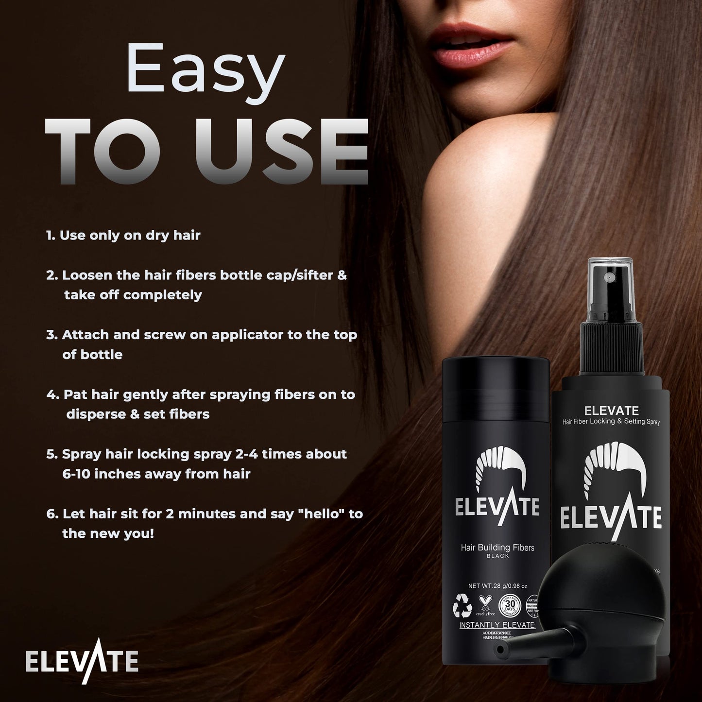 ELEVATE Hair Perfecting 3-in-1 Kit Set Includes Natural Hair Thickening Fibers & Spray Applicator Pump Nozzle & Locking Setting Hold Hair Spray | Instantly Conceal Balding Hair Thinning Areas (Black)