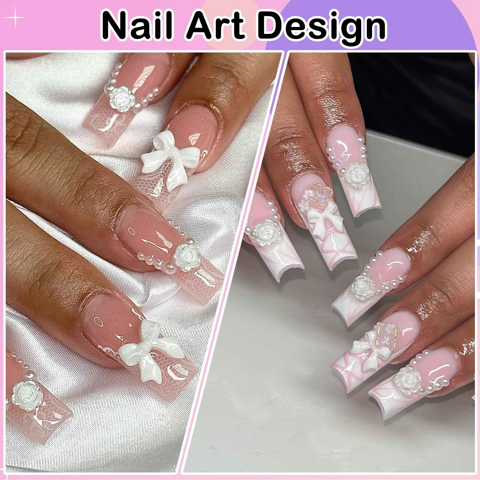 AddFavor Nail Charms Kit 3D Assorted Bow Nail Charms and Gem Pearls Bows Flower Nail Charms Heart Butterfly Fruit Acrylic Nail Charms for Nails Manicure DIY Design Crafts Accessories