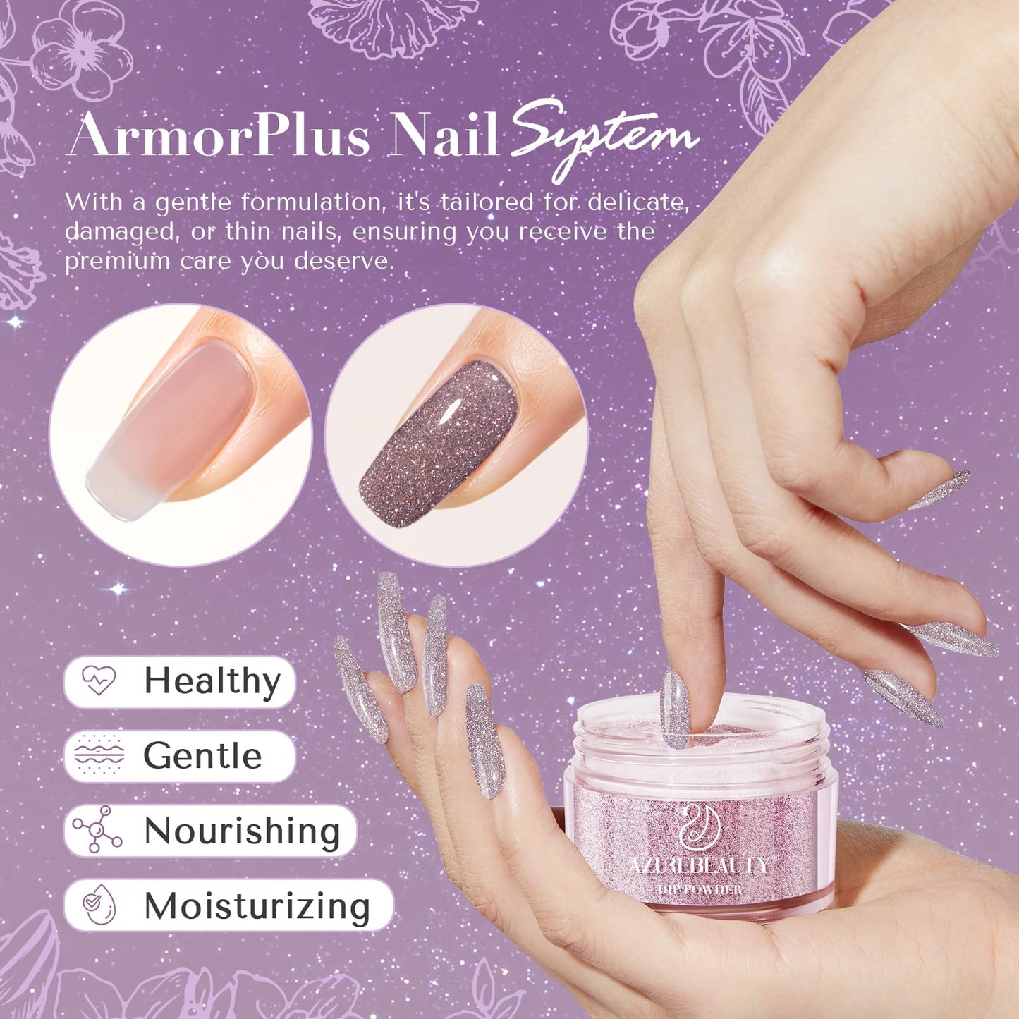 AZUREBEAUTY Glitter Purple Nail Dip Powder Colors 28 g/1oz Dipping Powder 2X Shining French Art Starter Manicure Beginner DIY Salon Home Gift Long Lasting Dip Nail Powder