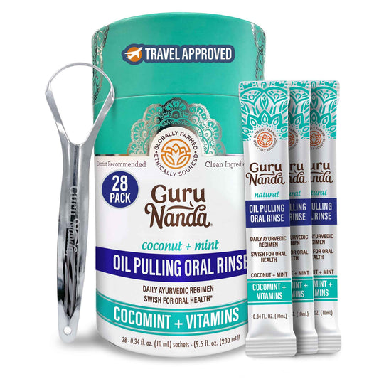 GuruNanda Travel Sachets Coconut Oil Pulling, Fresh Breath Mouthwash, 7 Essential Oils & Vitamins for Happy Teeth & Gums, with Tongue Scraper, 28 Sachets