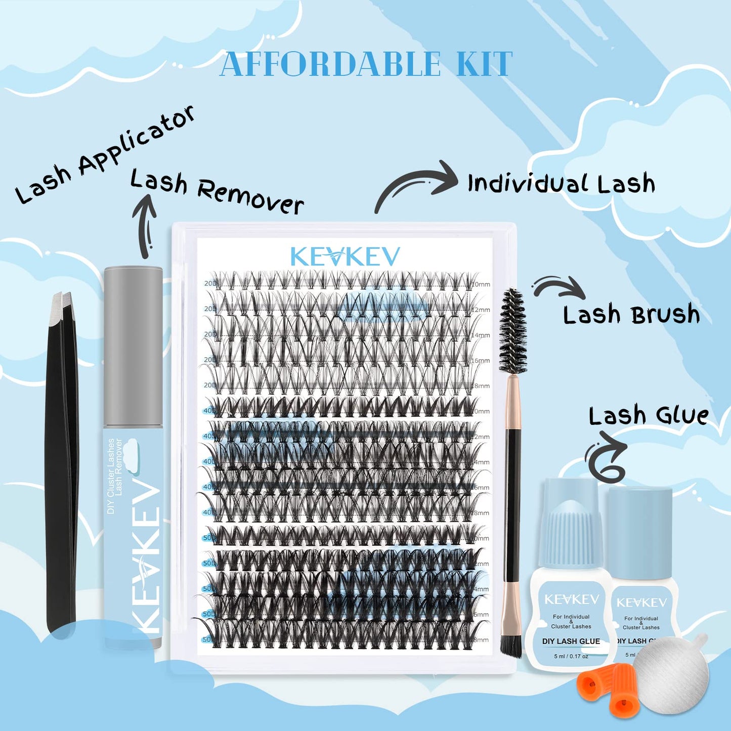 DIY Lash Extension Kit Lash Clusters Kit with 300Pcs Individual Lashes 5ml Clear Cluster Lash Glue Remover Lash Applicator for DIY Eyelash Extension at Home(20D+40D+50D-10-18Mix&Clear Glue)