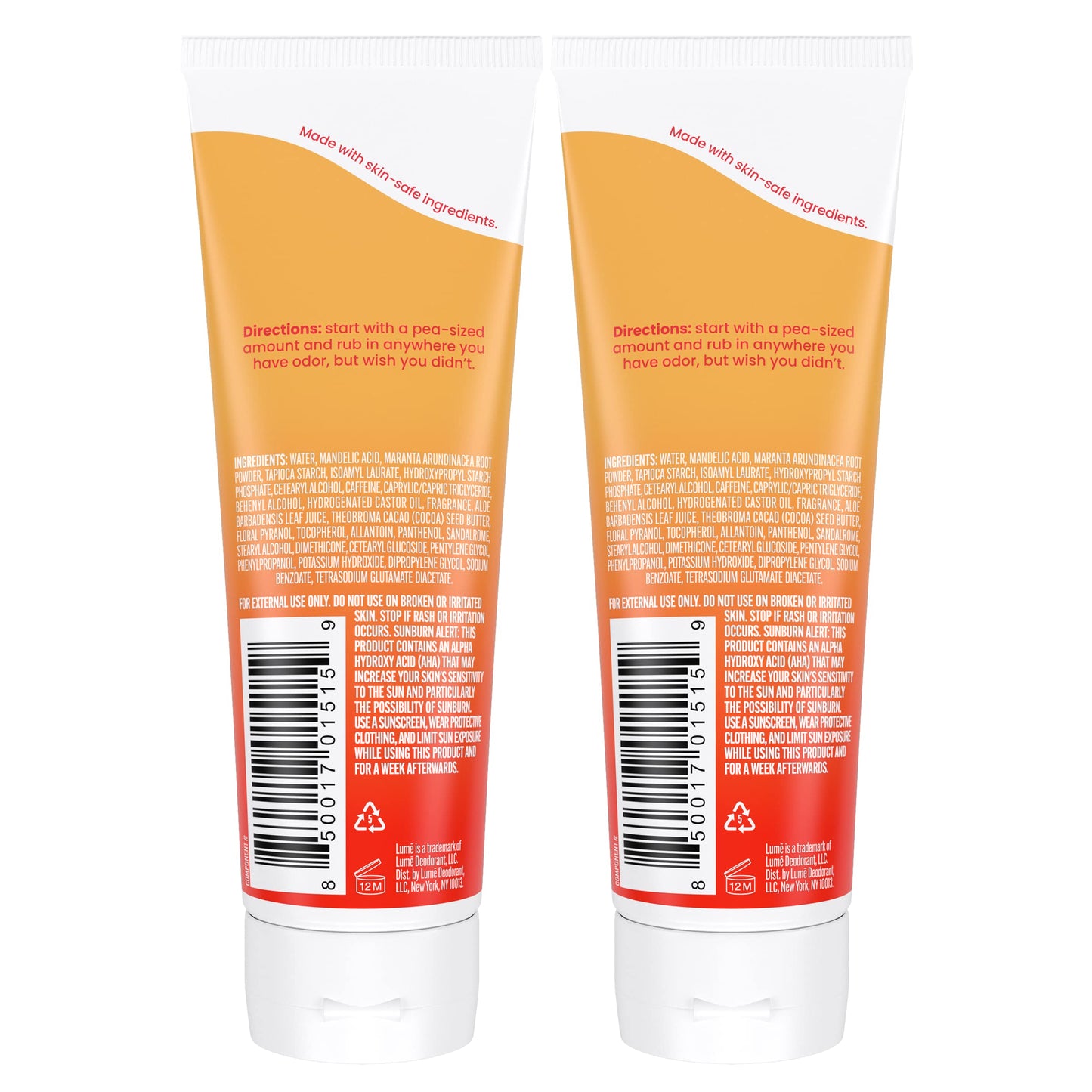 Lume Whole Body Deodorant - Invisible Cream Tube - 72 Hour Odor Control - Aluminum Free, Baking Soda Free, Skin Safe - 3.0 ounce (Pack of 2) (Clean Tangerine)