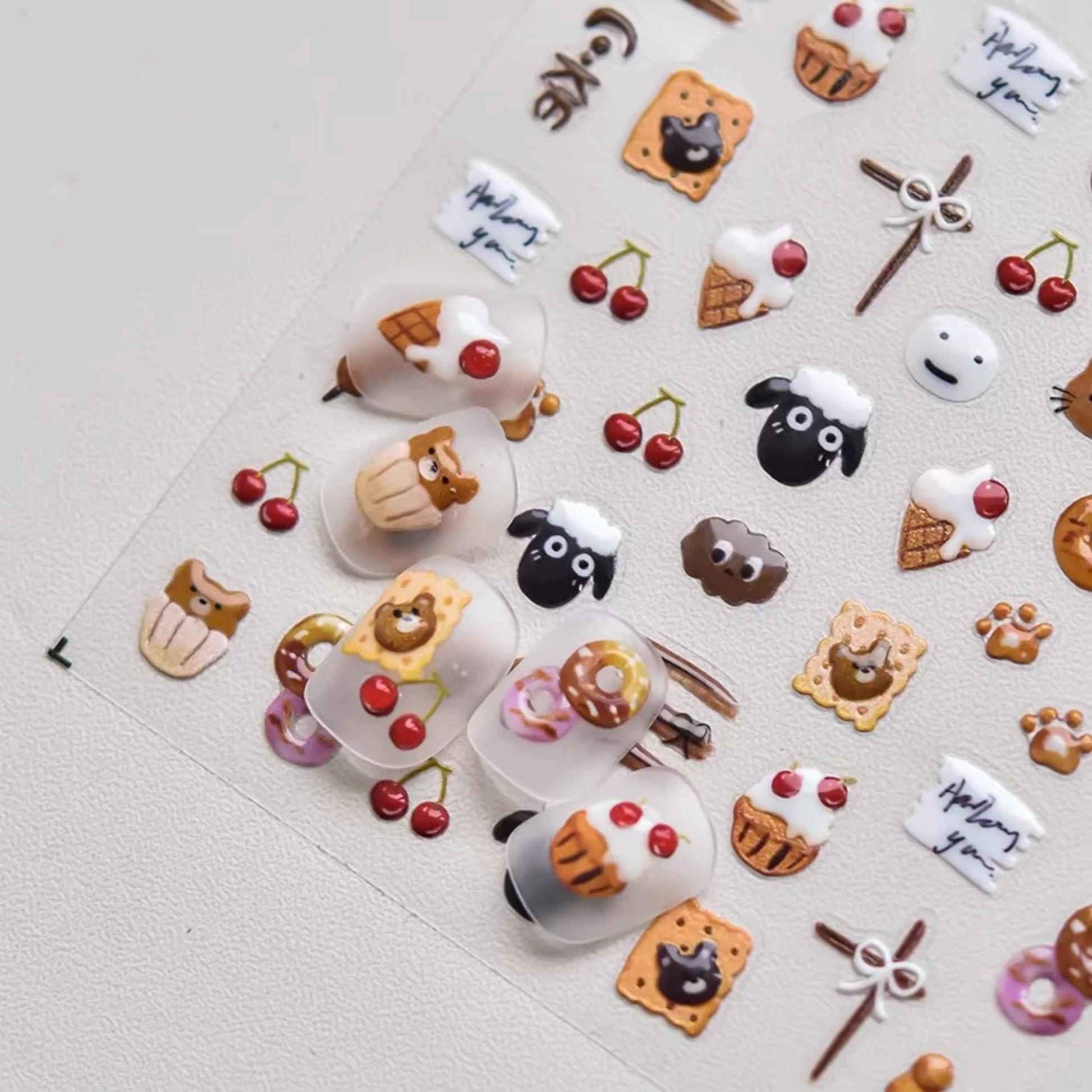 Dedyel Food Nail Art Stickers 3D Cake Dessert Donut Ice Cream Cookies Fruit Bread Self-Adhesive Nail Stickers for Women Girls Kids