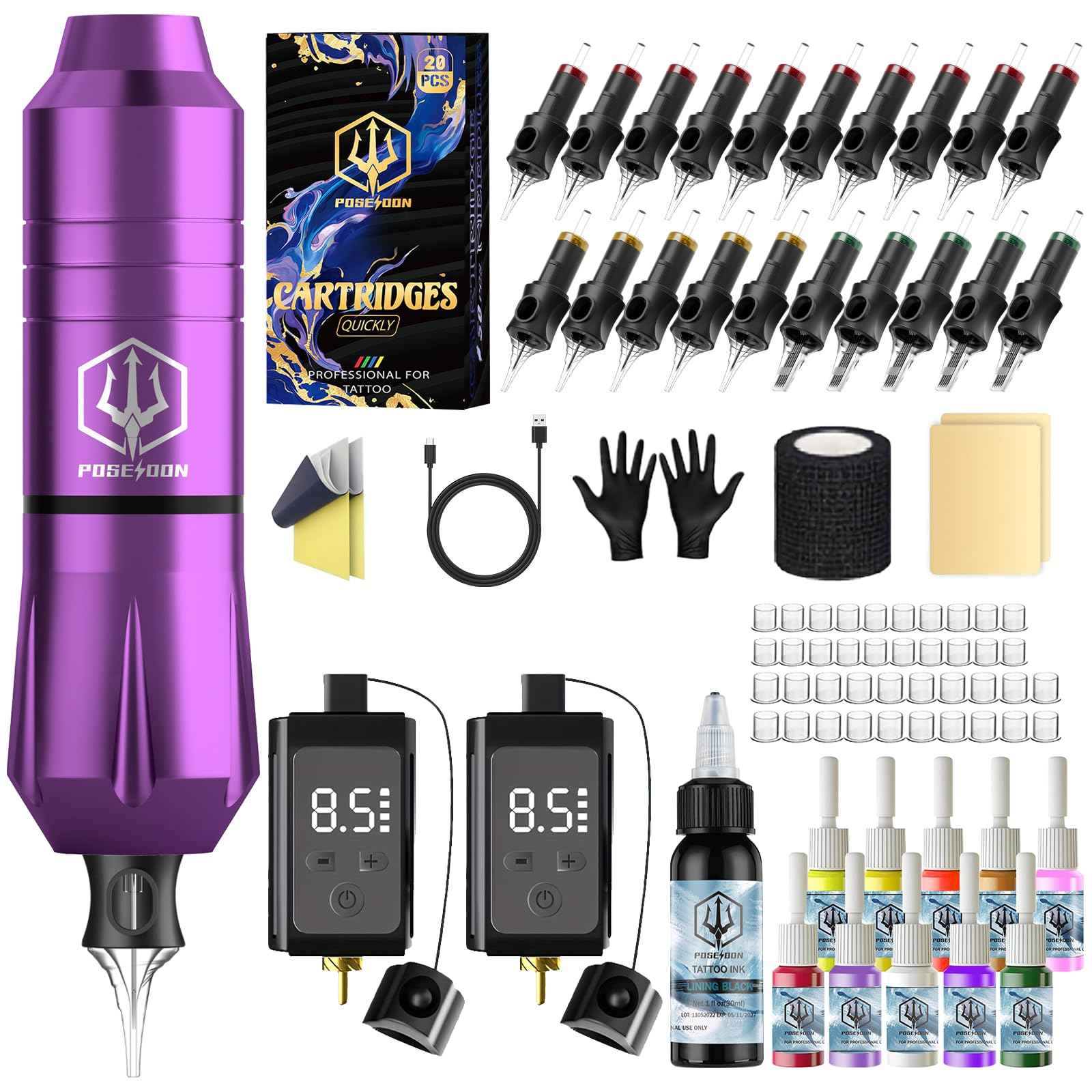 POSEIDON Tattoo Pen Set, Wireless Tattoo Gun Kit Tattoo Kit with 2Pcs Battery and 20Pcs Tattoo Cartridge Needles, Complete Tattoo Machine kit Tattoo Supplies for Beginners