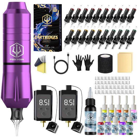 POSEIDON Tattoo Pen Set, Wireless Tattoo Gun Kit Tattoo Kit with 2Pcs Battery and 20Pcs Tattoo Cartridge Needles, Complete Tattoo Machine kit Tattoo Supplies for Beginners
