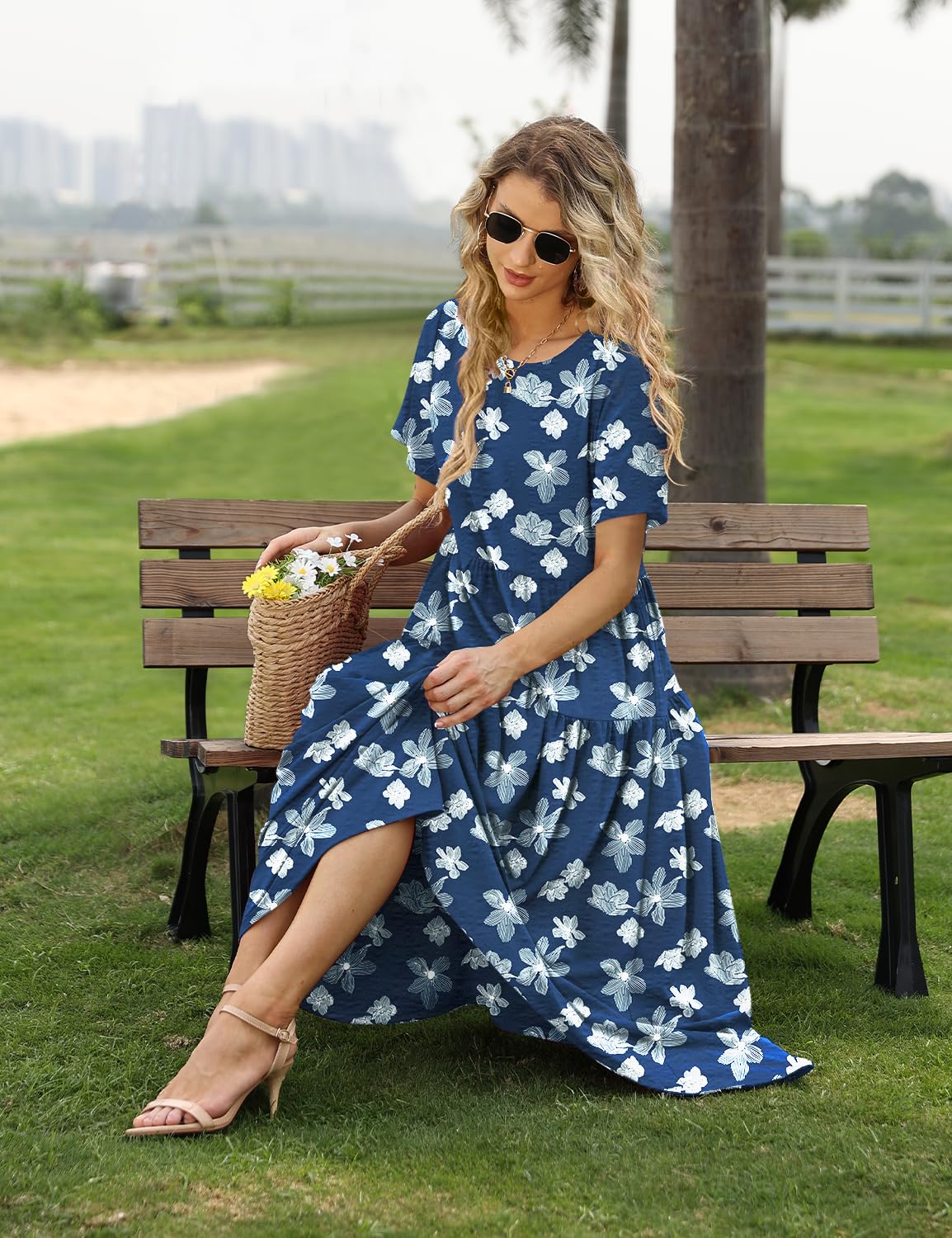 YESNO Women Casual Loose Bohemian Floral Dress with Pockets Short Sleeve Long Maxi Summer Beach Swing Dress S EJF CR385