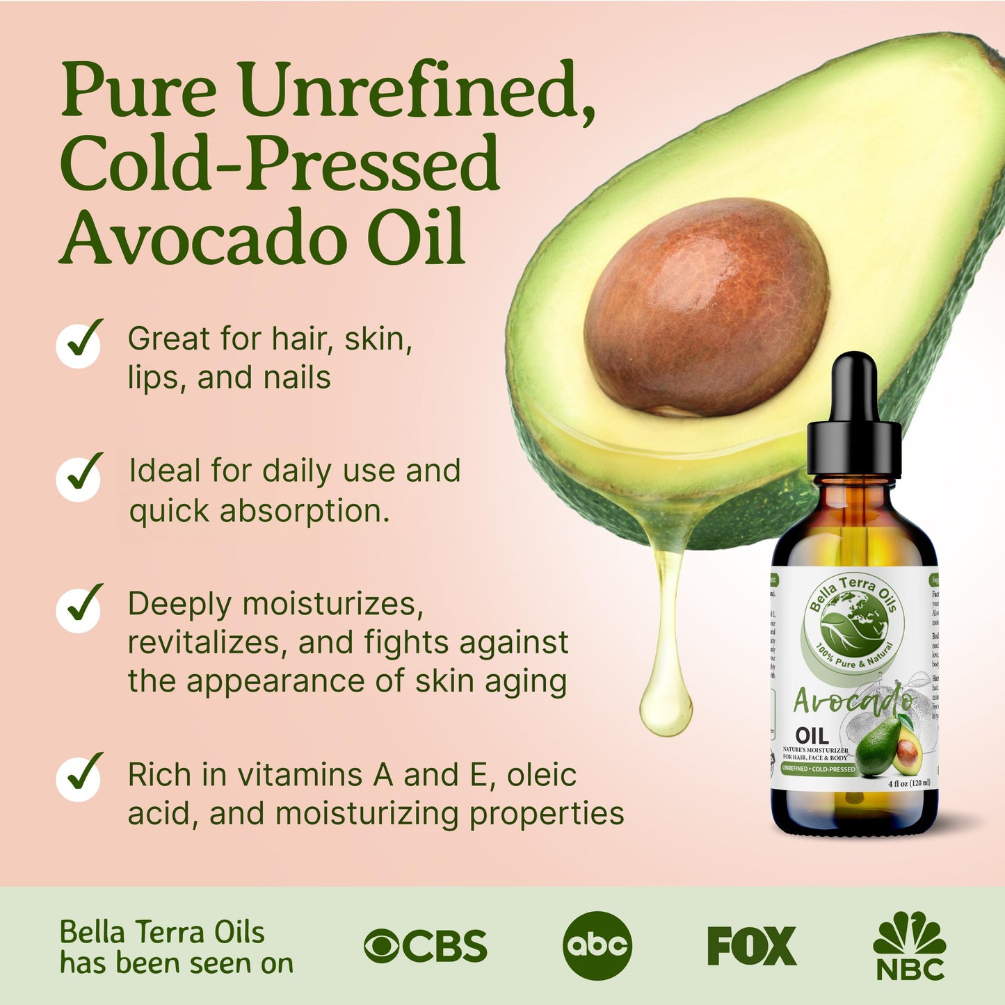 Bella Terra Oils - Avocado Oil 16oz - Cold-Pressed Purity, Unveiling Avocado's Nutritional Treasures, Perfect Carrier Oil for Blending Essentials