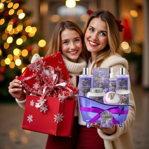 Birthday Gifts for Women, Luxury Home Spa Kit, 8pcs Lavender & Lilac Bath Gift Set, Gift Baskets for Women Unique with Bath Bombs, Sea Salt, Scented Candle, Body Lotion