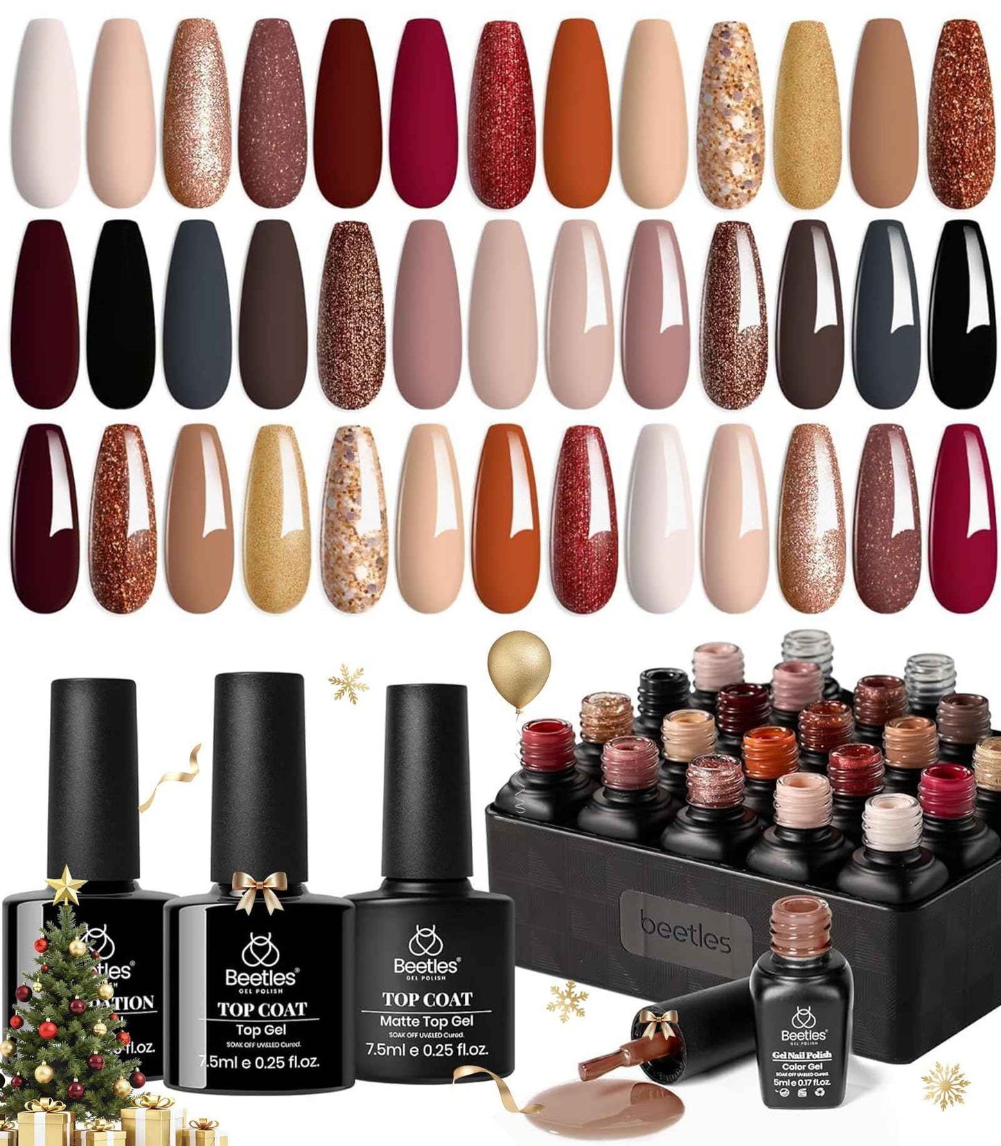 Beetles Fall Gel Nail Polish Set, 23Pcs Brown Burgundy Red Nude Pink Gel Polish Set with Base Top Coat Verse of Roses Kit, Soak off Uv Gel Golden Glitter Holiday Nail for Women