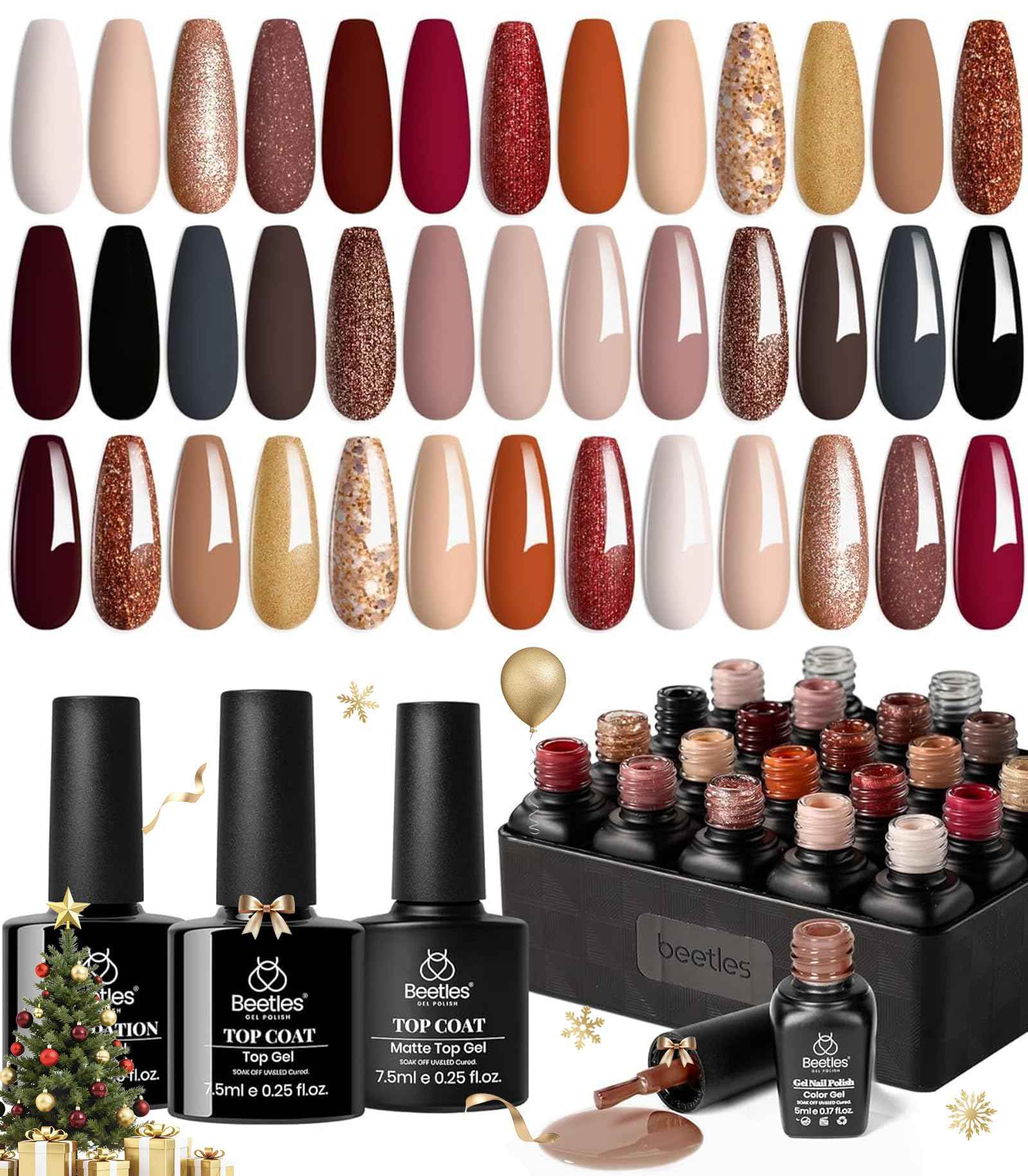 Beetles Fall Gel Nail Polish Set, 23Pcs Brown Burgundy Red Nude Pink Gel Polish Set with Base Top Coat Verse of Roses Kit, Soak off Uv Gel Golden Glitter Holiday Nail for Women