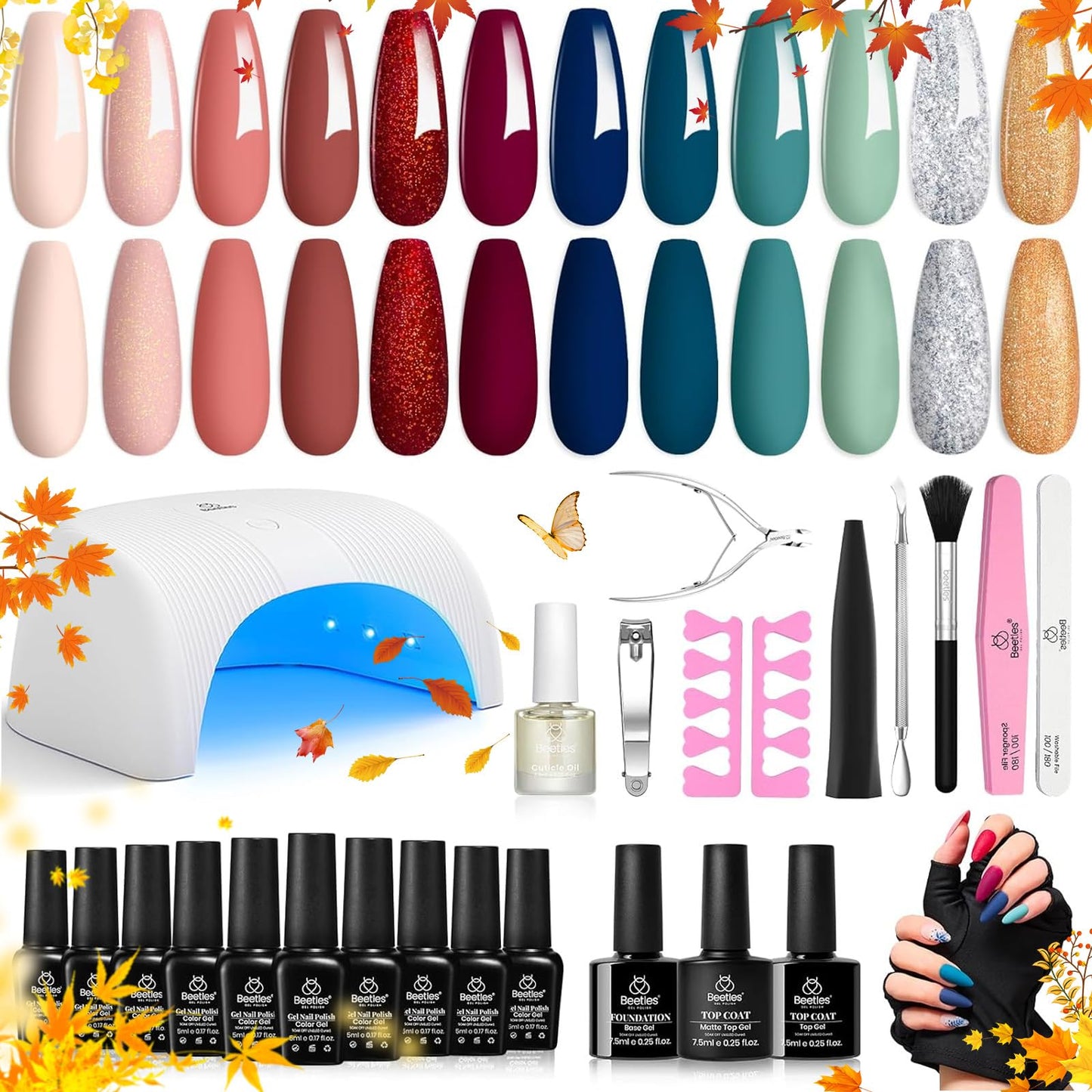 Beetles Gel Nail Polish Kit with UV Light 28 Pcs Gel Nail Polish Starter Kit 12 Colors Pink Blue Red Glitter Gel Polish Fall Winter Set Manicure Soak off DIY Gel Polish Kit