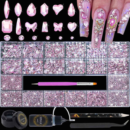 HNUIX Nail Rhinestones - 4550pcs Light Pink, Multiple Shape Gems, Flatback Crystal Rhinestones for Nails Decor Designs Kits