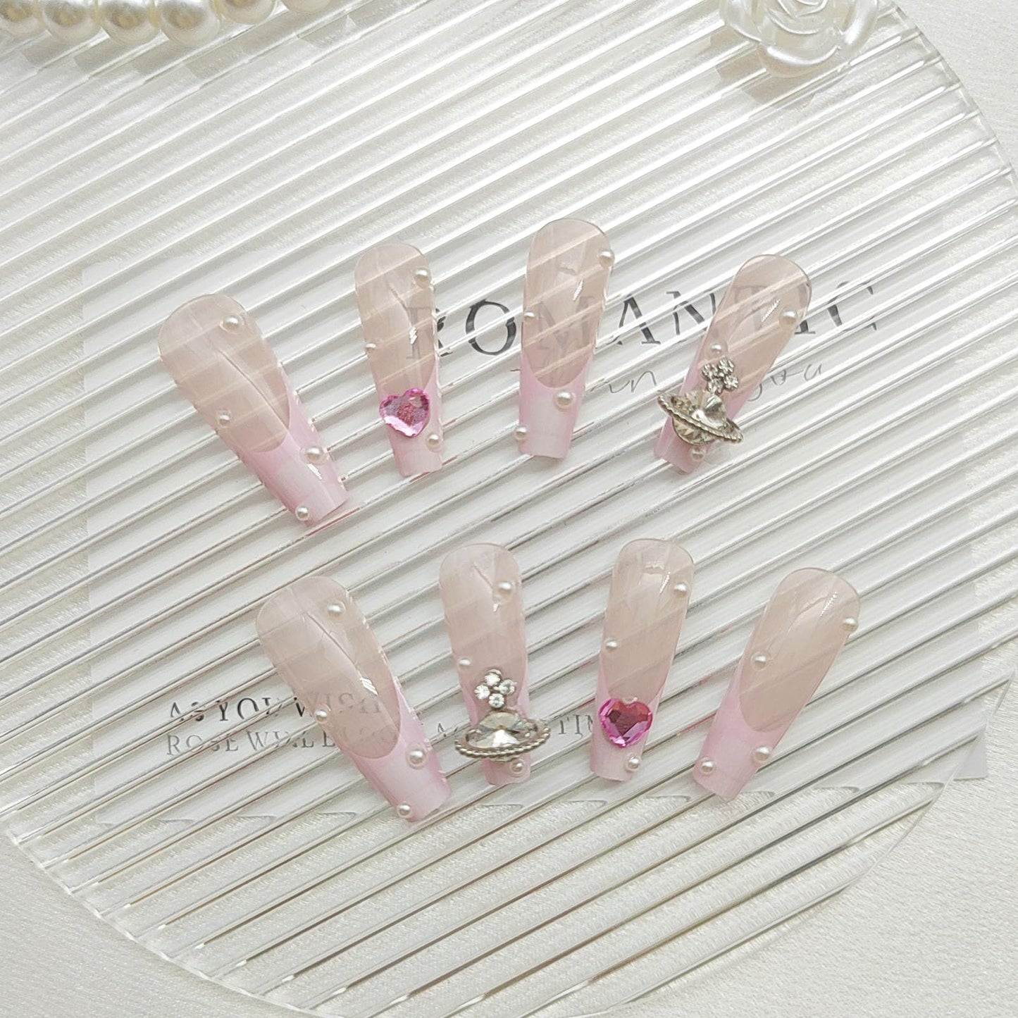 Pink French Tip Press on Nails Long Coffin False Nails Valentines Heart Exquisite Fake Nails Nude Translucent Acrylic Nails Pearls and Big Rhinestones Glue on Nails for Women 24Pcs