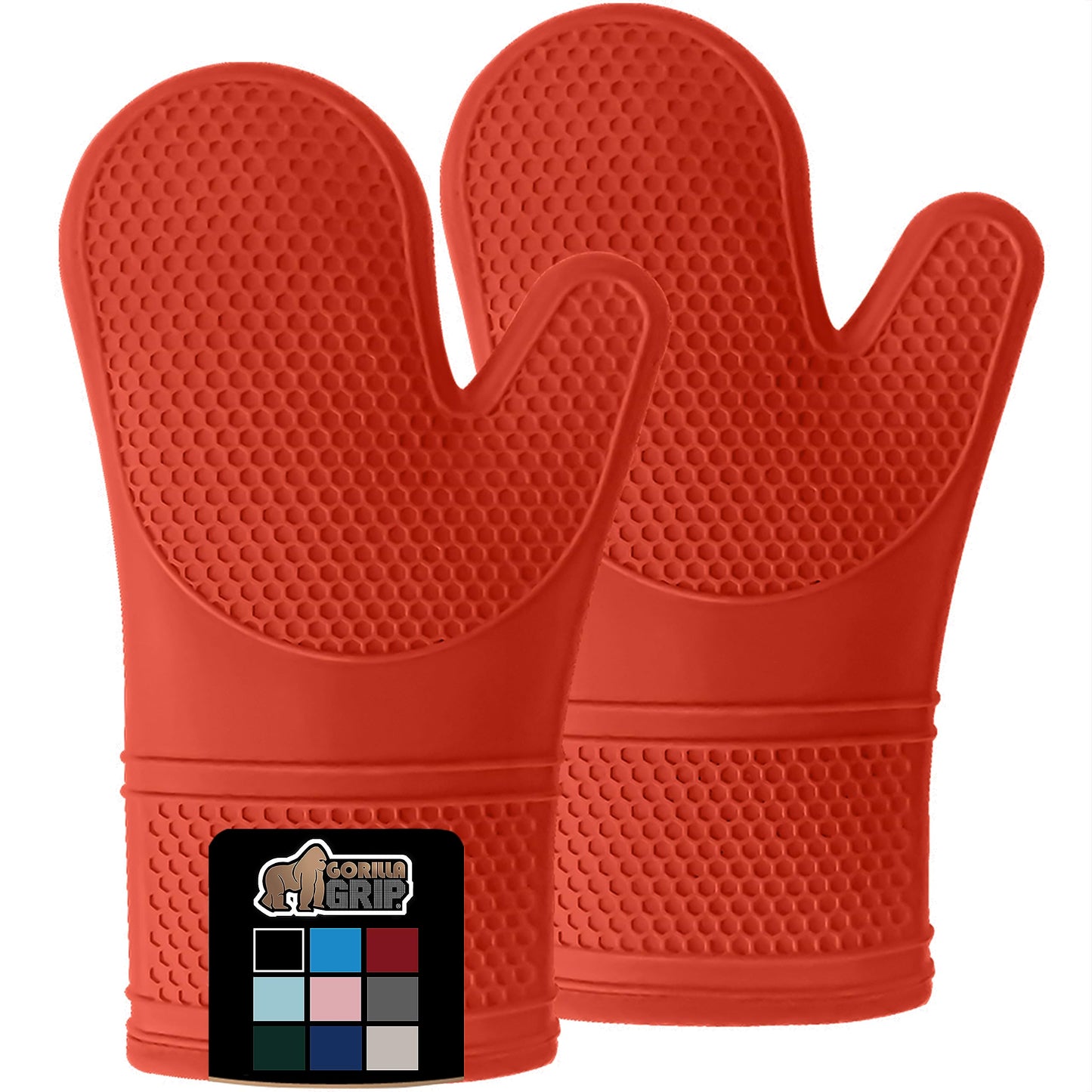 Gorilla Grip Heat and Slip Resistant Silicone Oven Mitts Set, Soft Cotton Lining, Waterproof, BPA-Free, Long Flexible Thick Gloves for Cooking, Kitchen Mitt Potholders, 12.5 in, Coral