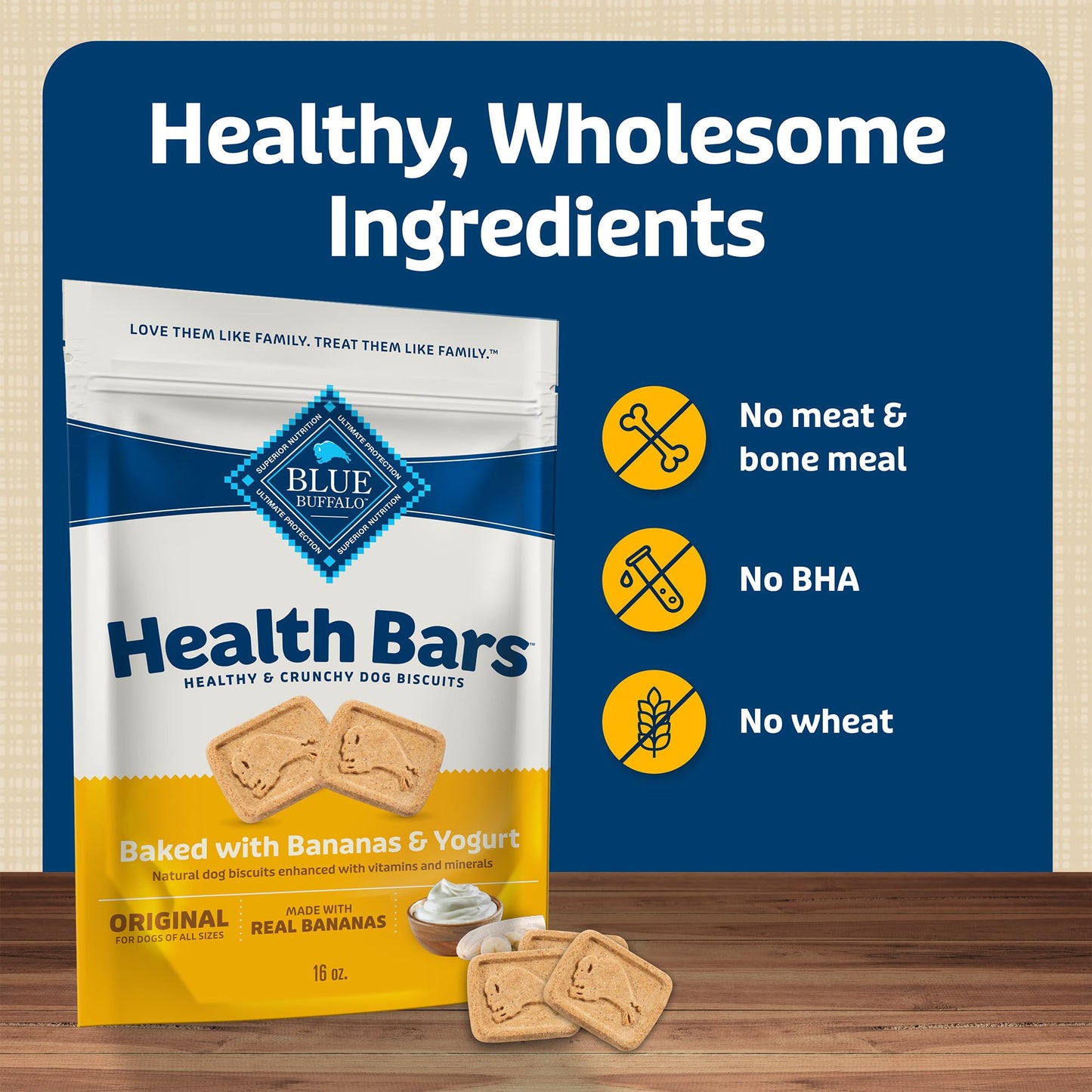 Blue Buffalo Health Bars Crunchy Dog Biscuits, Oven-baked Dog Treats Made with Natural Ingredients, Bananas & Yogurt, 16-oz. Bag