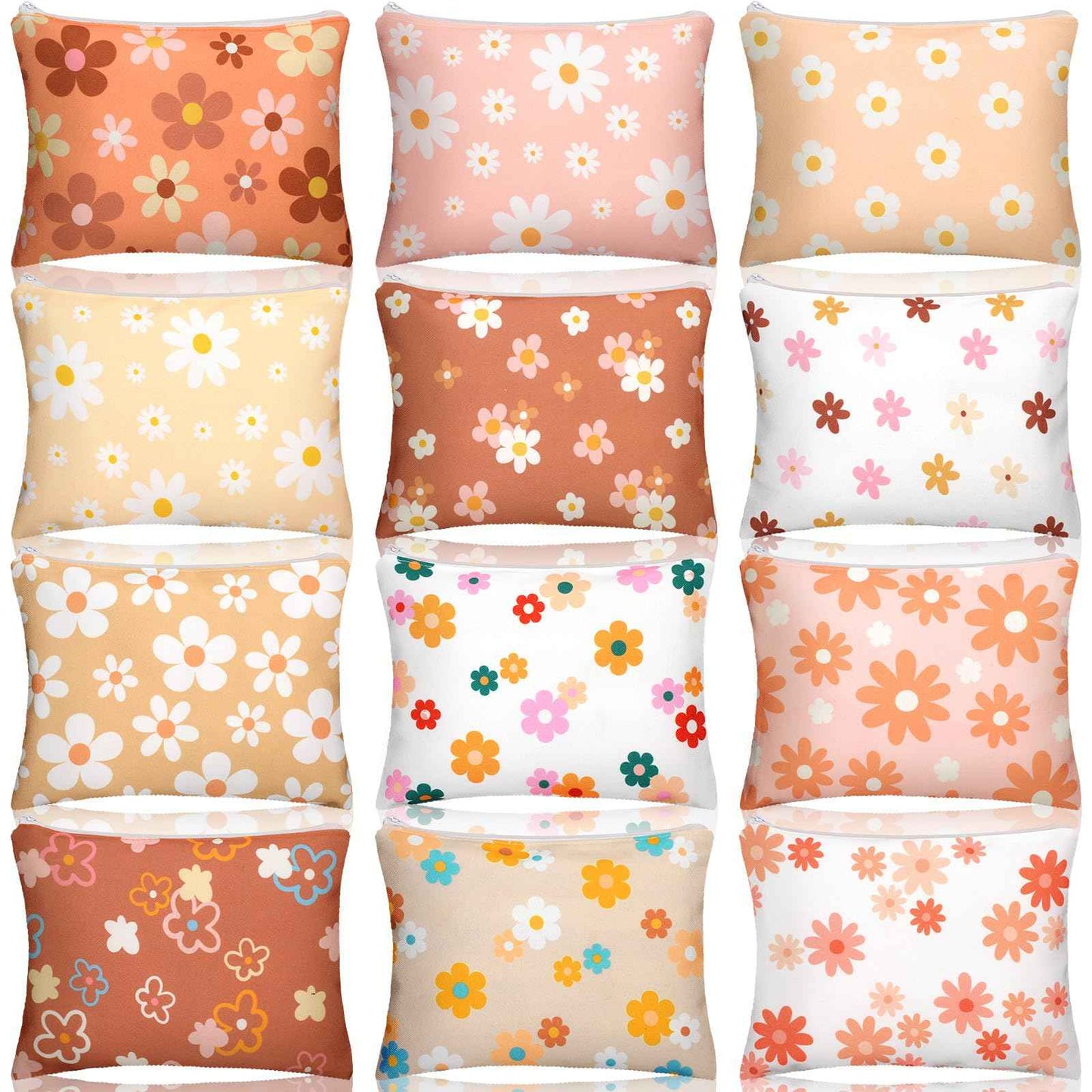 Kajaia 12 Pcs Daisy Floral Makeup Bags, Boho Zipper Cosmetic Pouch for Woman, Cosmetic Toiletry Bags Gifts Cute Portable Travel Purse Organizer Storage Pouch Daisy Party Favors for Autumn Thanksgiving