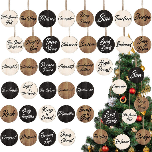 Names of Jesus Wood Christmas Ornaments Christmas Wood Slices with Savior Names Hanging Jesus Christ Ornaments Vintage Church Christmas Tree Decoration Religious Holiday Wedding (Vintage,72 Pcs)