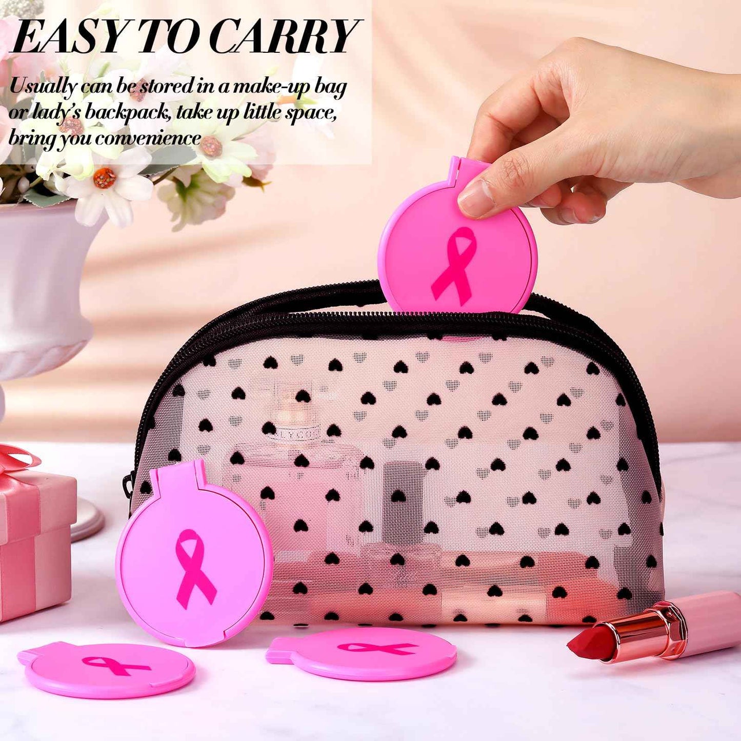 Tatuo 100 Pcs Breast Cancer Awareness Gifts for Women Mini Folding Makeup Mirror Bulk Round Pocket Portable Mirror Breast Cancer Awareness Accessories for Women Friends (Pink)