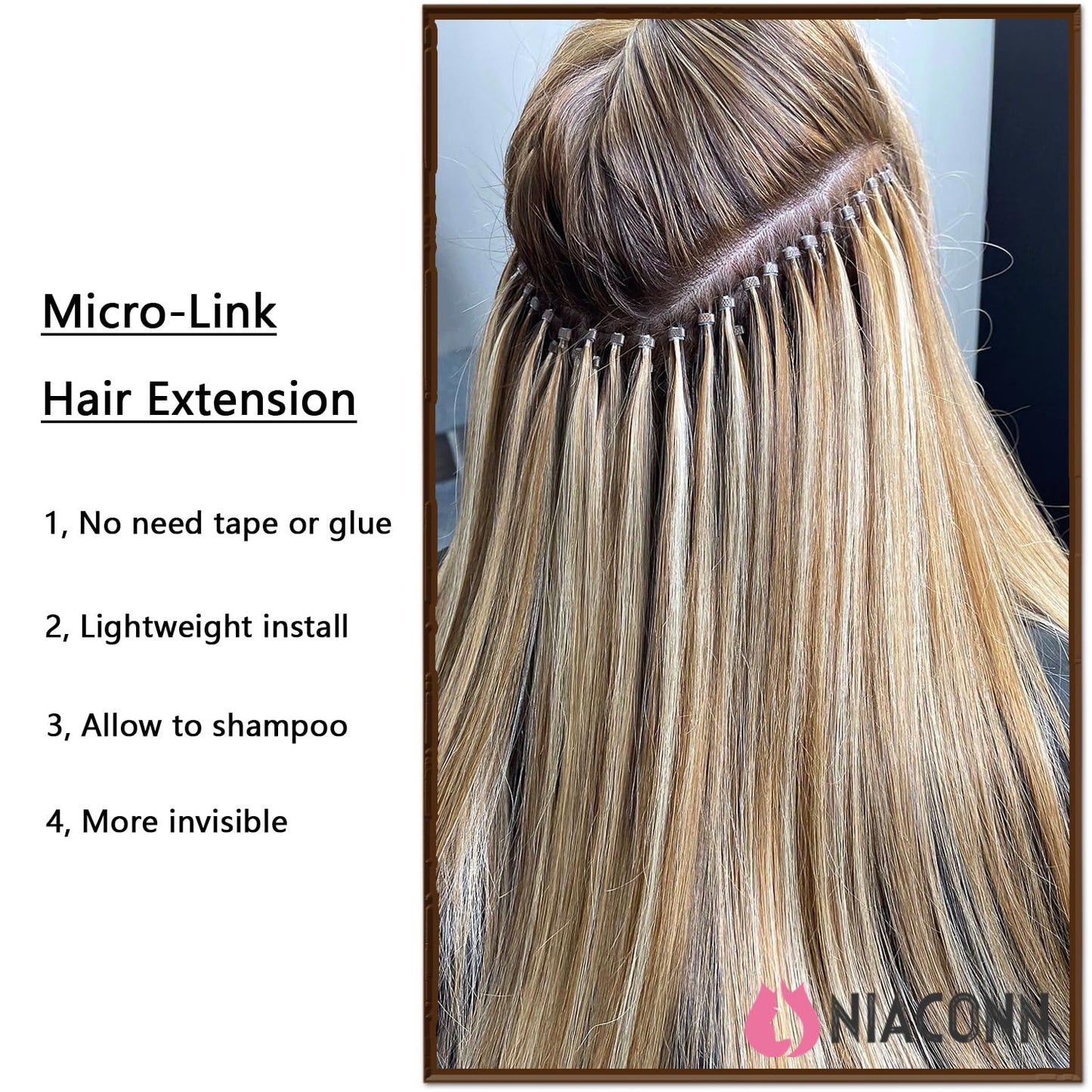 NIACONN 1000pcs Microlink Beads 4mm Silicone Lined Hair Tinsel Beads Micro Link Rings for Hair Extension - light Brown