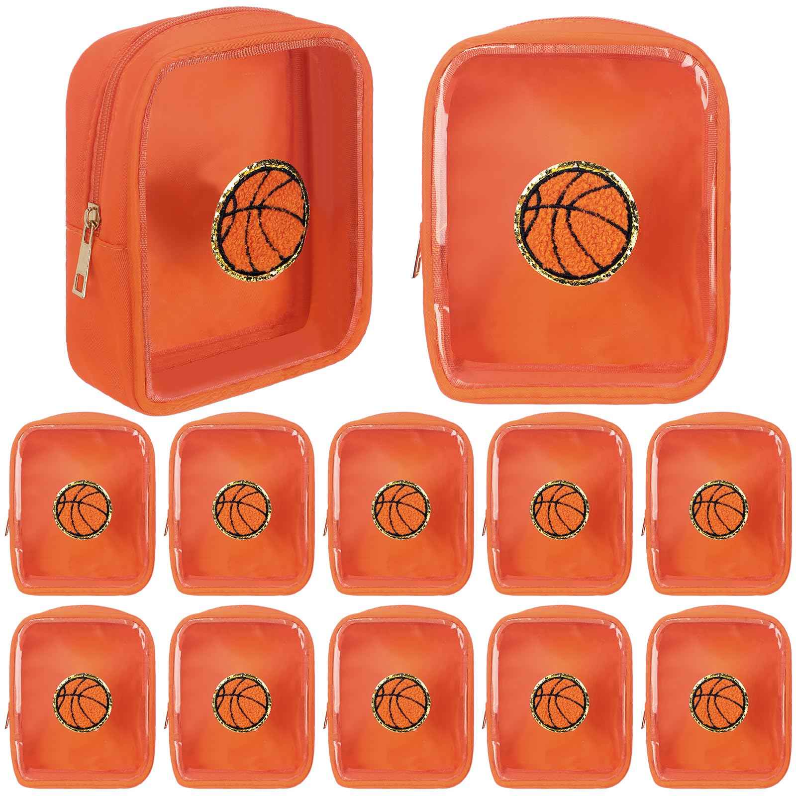 Reginary 12 Pcs Chenille Patch Gift Bags Senior Night Gift Bag Waterproof Travel Size Pack for Party Favors Team Stuff(Basketball)