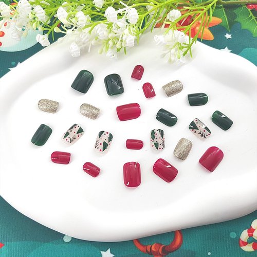Christmas Press on Nails Short Square Fake Nails Press ons with Golden Glitter Christmas tree Design False Nails Red Green Full Cover Glue on Nails Glossy Christmas Stick on Nails for Women 24Pcs