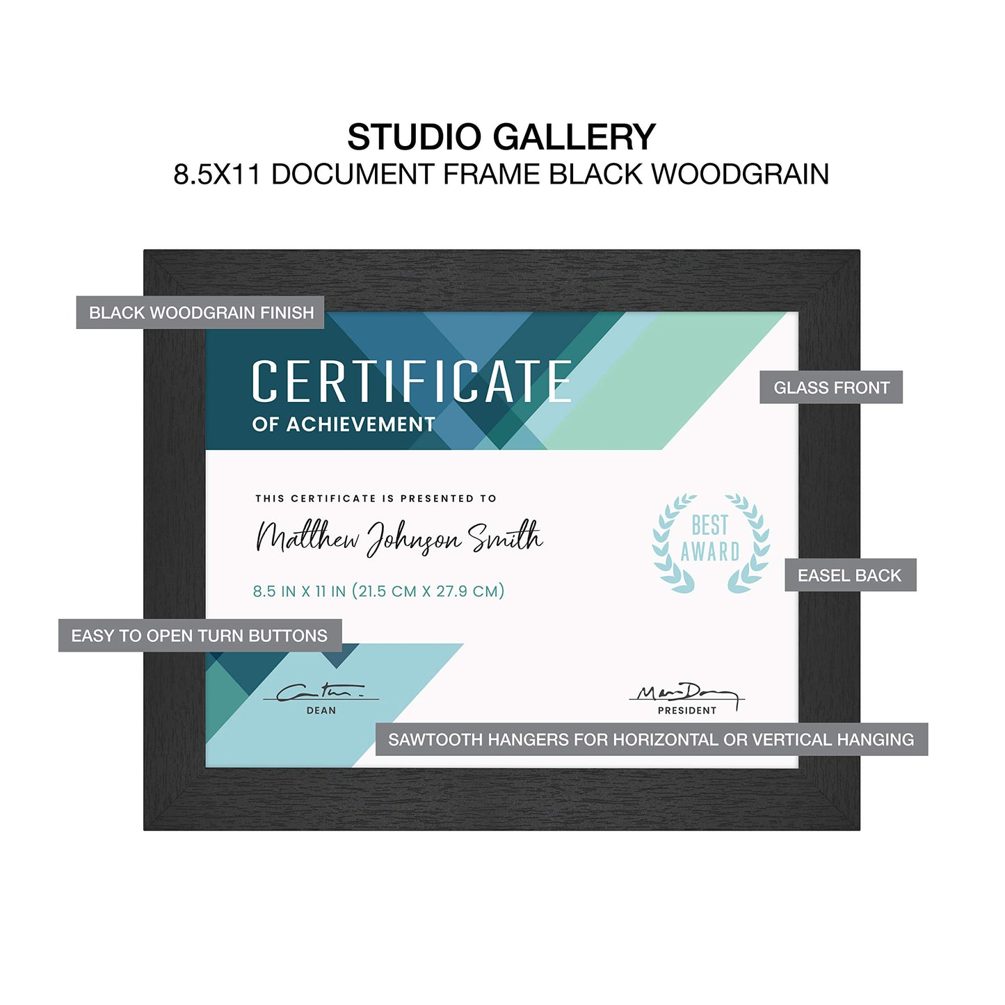 MCS Studio Gallery 8.5x11 Picture Frame Black Woodgrain, Rectangle Photo Frame for Photos, Posters & Art Prints & Easel for Tapletop Display (1-Pack)