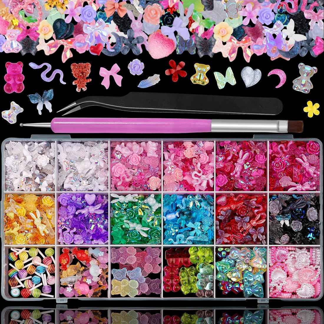 Sinyanail 3D Resin Nail Charms Mix Rabbit Flower Bear Bowknot Nail Accessories Gummy Star Heart Lollipop Acrylic Hollow Heart Beads for Women's Manicure Making DIY Crafts(18 Charms)