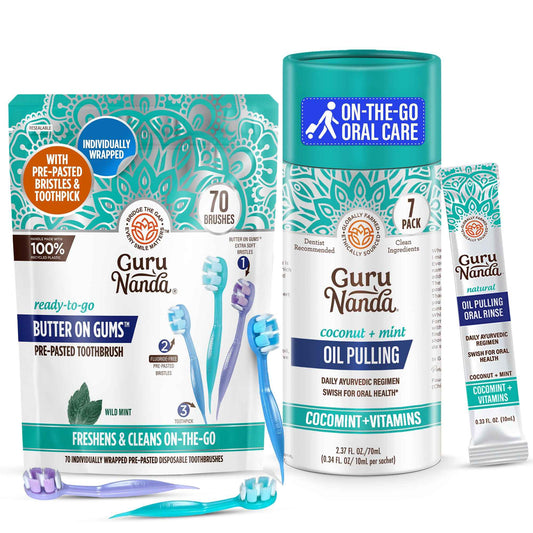 GuruNanda Travel-Ready Oral Care Bundle – 70ct Disposable Pre-Pasted Toothbrushes & 7 Coconut Oil Pulling Sachets for Fresh Breath & Clean Smiles on The Go
