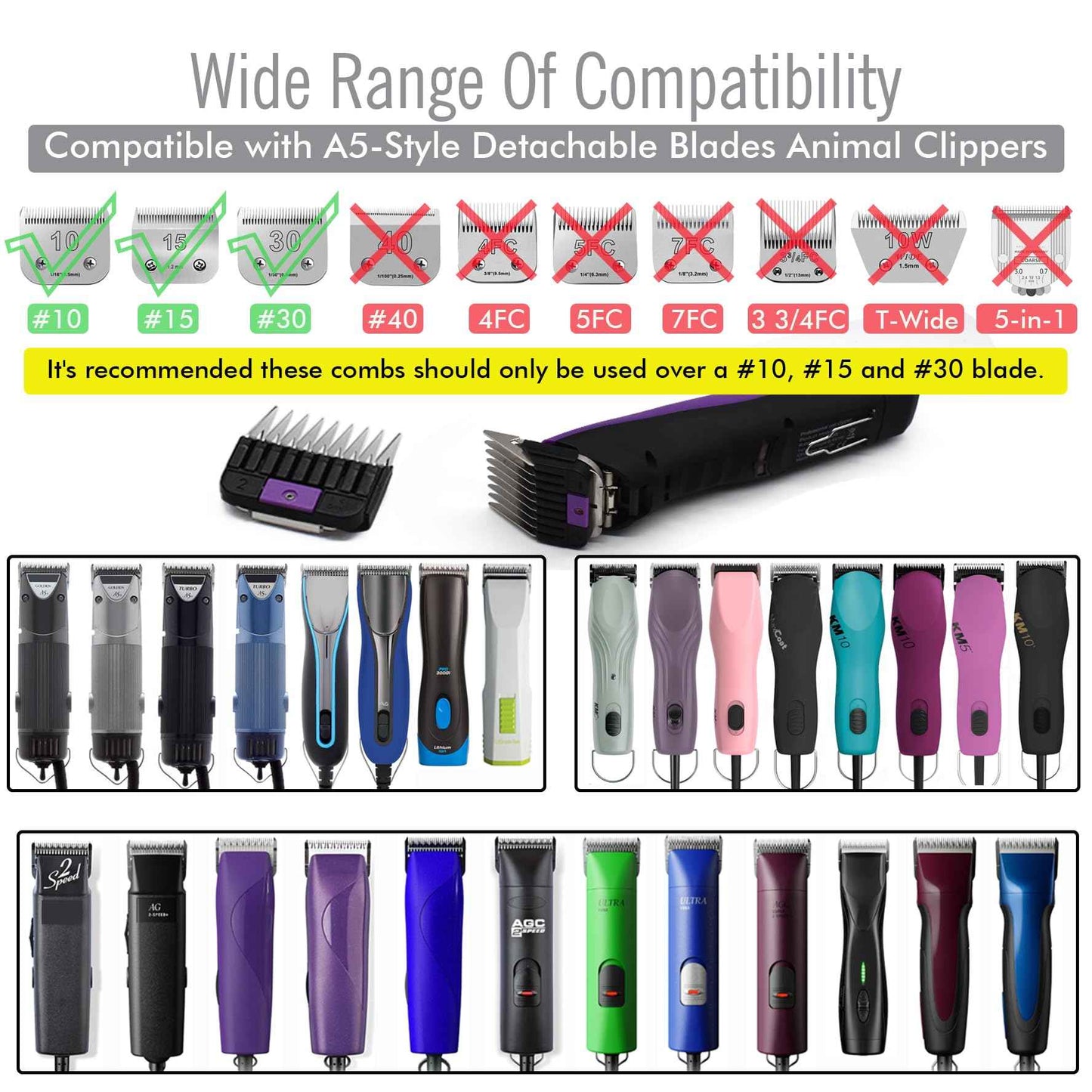 Professional A5-Style Animal Clipper Stainless Steel Color-Coded Snap-on Attachment Guard Guide Comb, 1/8"-1" Compatible with Wahl KM Series Oster A5 Andis Detachable Blade Pet Dog Groomers (#2-1/4")