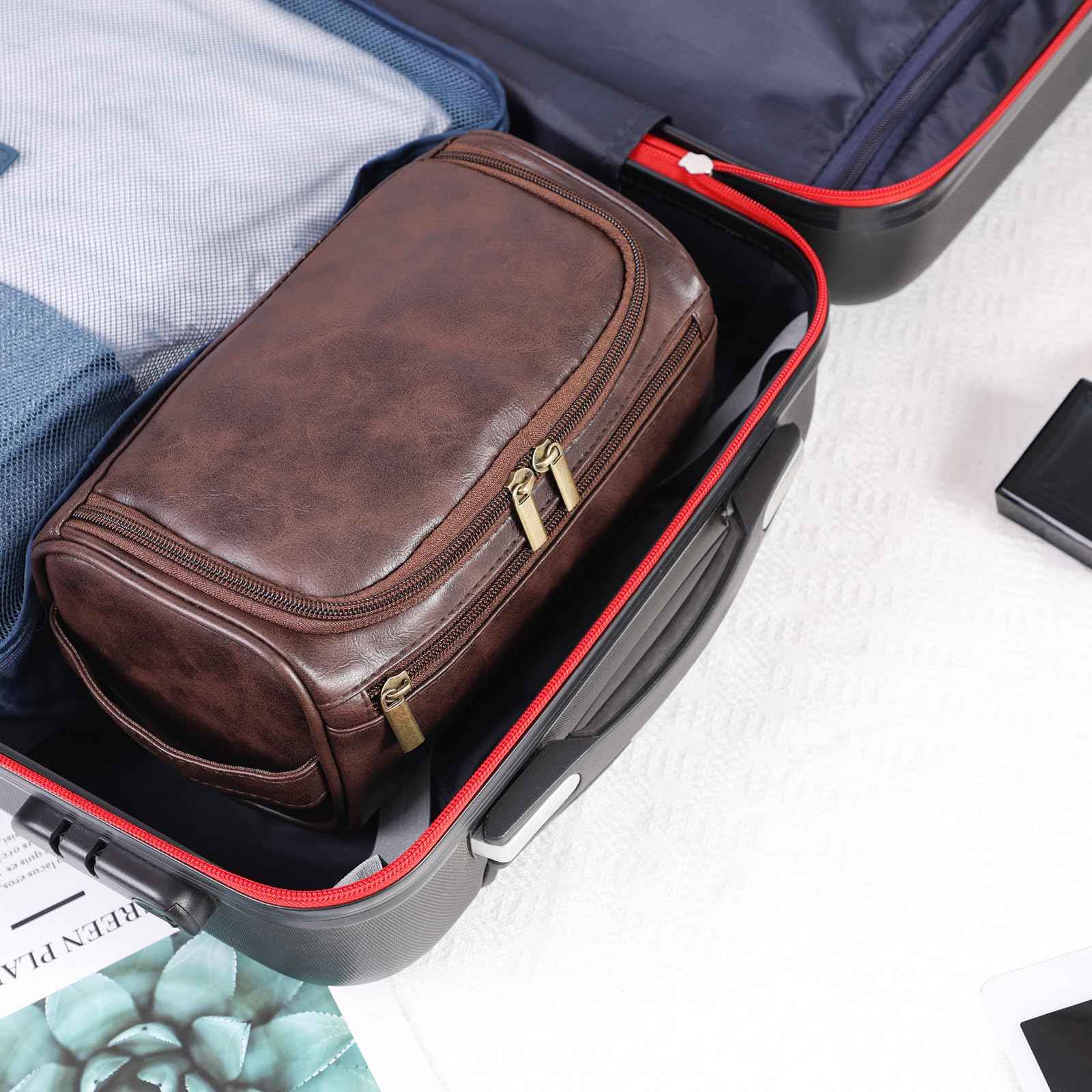 Seozata Toiletry Bag for Men, Hanging Travel Shaving Dopp Kit for Men and Women, Water-resistant Toiletries Organizer Bags, PU Leather Cosmetic Bags for Makeup Accessories (Dark Coffee)