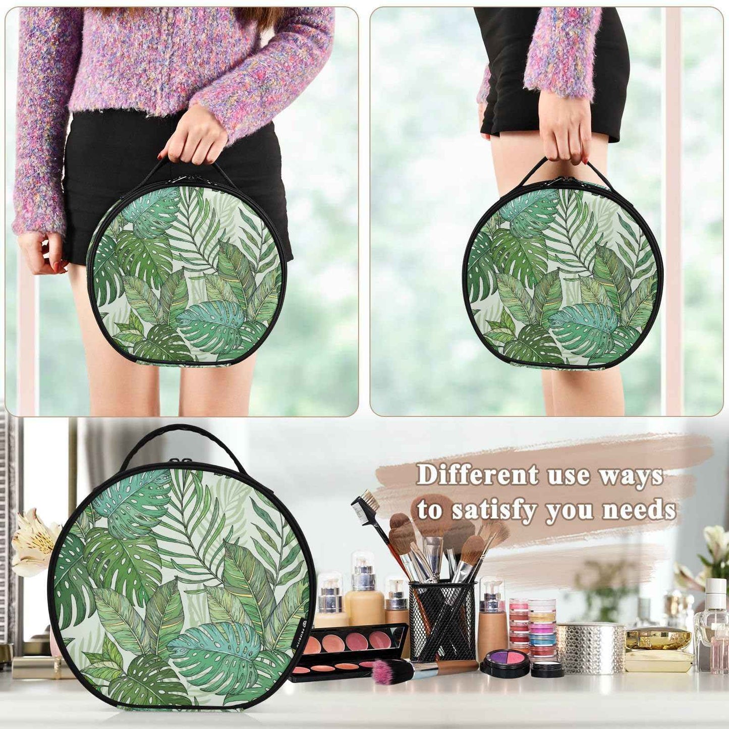 senya Round Cosmetic Pouch Travel Makeup Train Case Tropical Palm Leaves Makeup Organizer Bag with Adjustable Dividers Portable for Cosmetics Makeup Brushes Toiletry Jewelry Accessories
