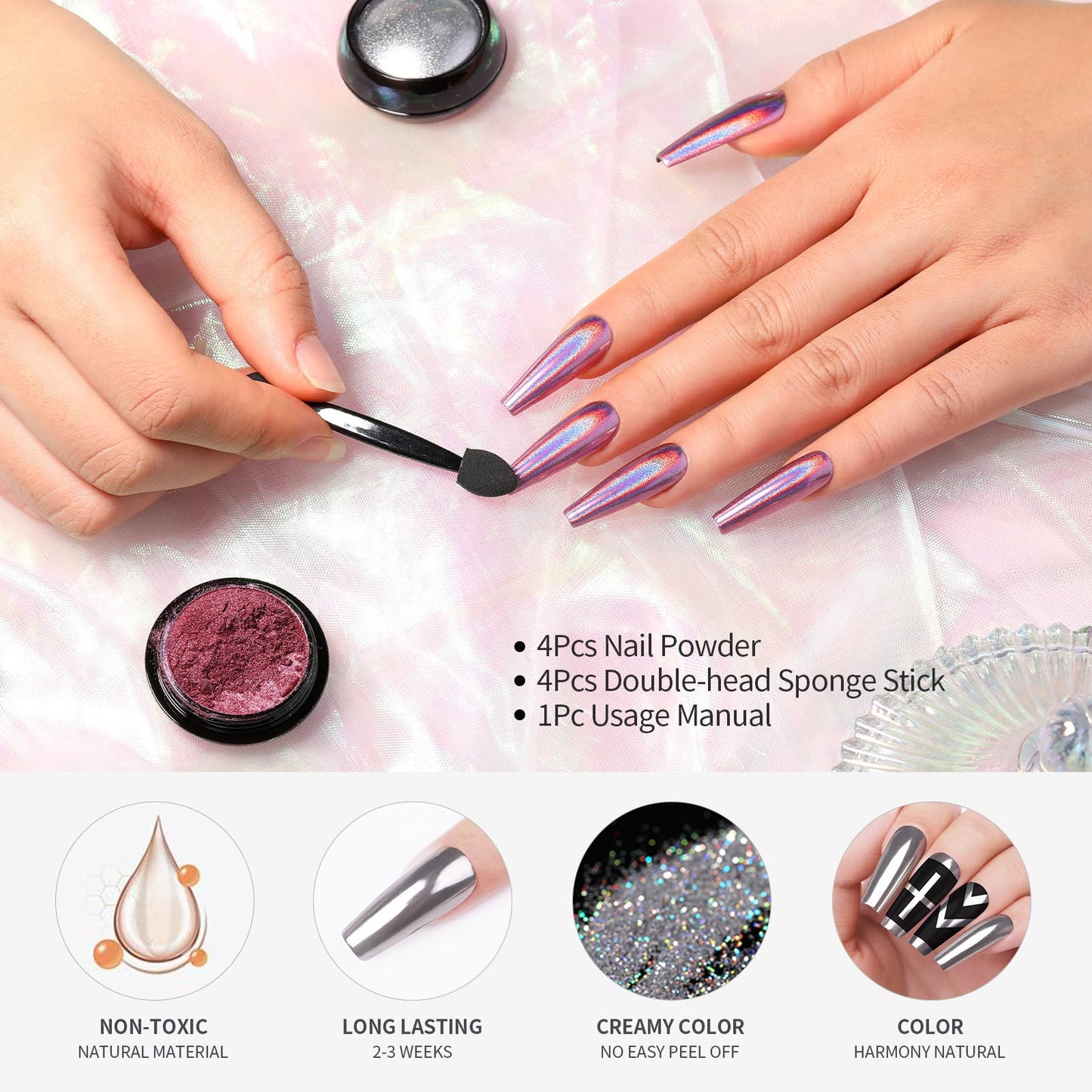 BORN PRETTY Chrome Nail Powder Metallic Mirror Powder Holographic Pigment Powder Manicure Nail Art Decoration Sets Silver Gold Pink Rose Gold 4 Boxes