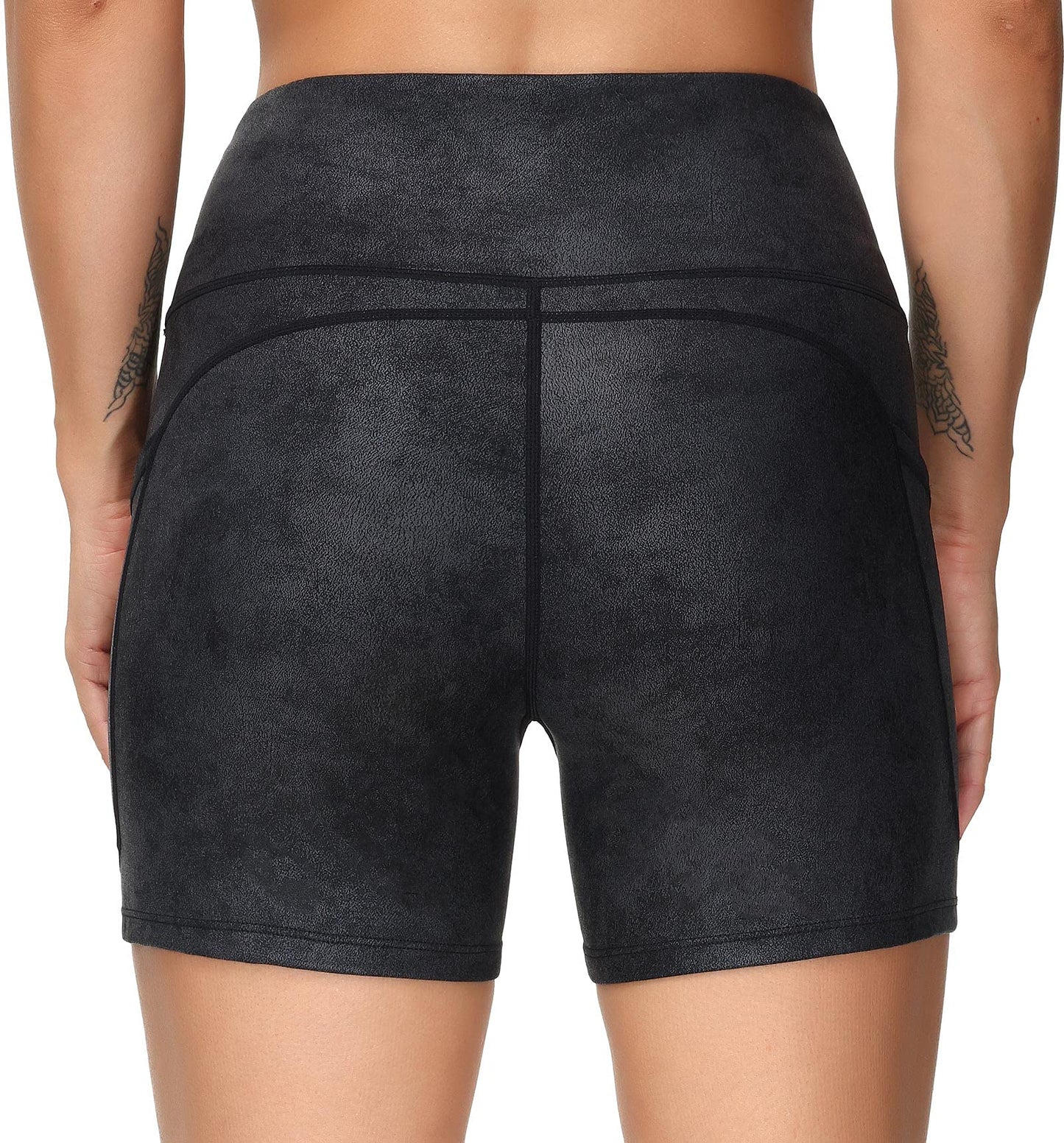 THE GYM PEOPLE High Waist Yoga Shorts for Women Tummy Control Fitness Athletic Workout Running Shorts with Deep Pockets (Small, Faux Leather Coated)