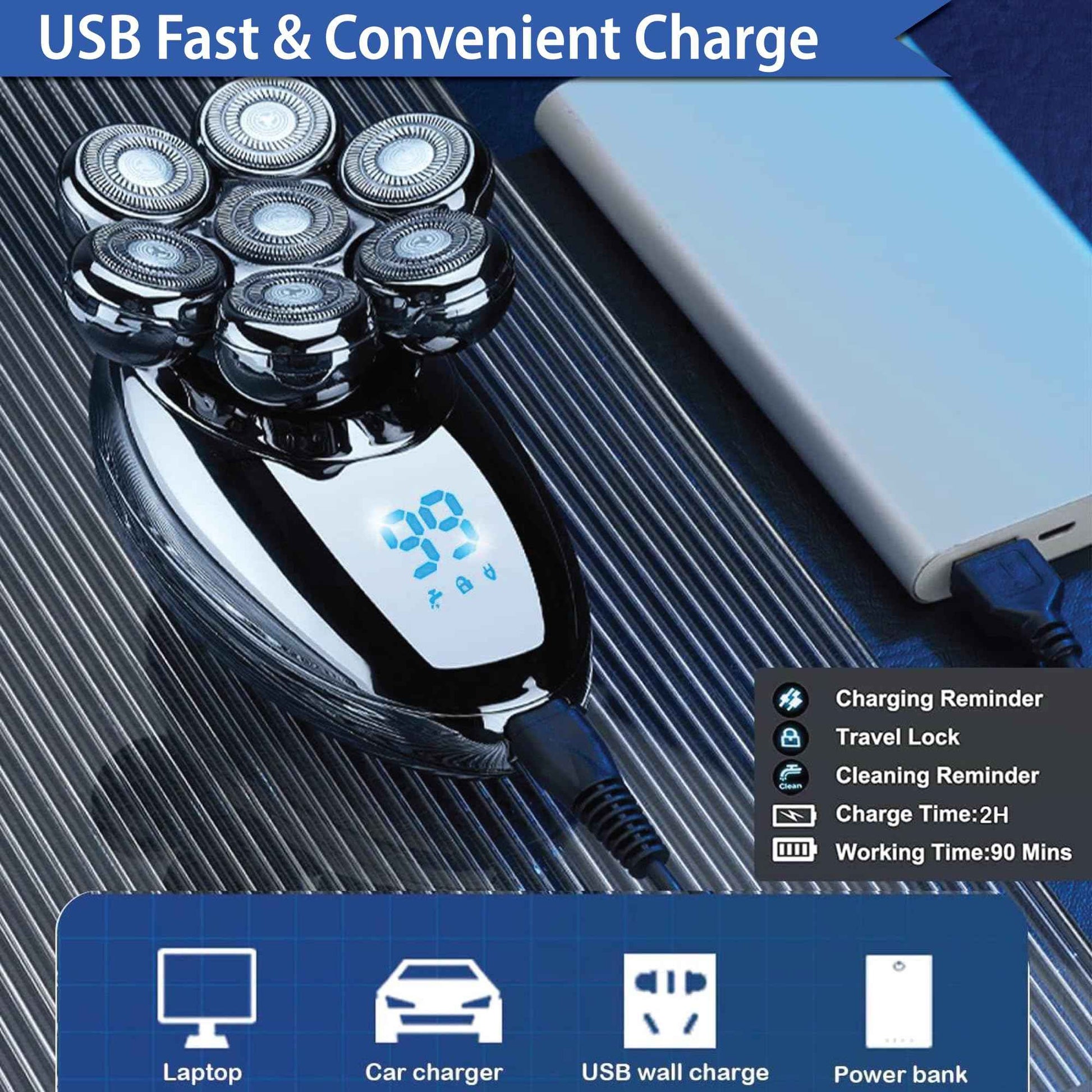 ROSHNI Head Shavers for Bald Men - Upgraded Detachable Head Shaver for Men - IPX7 Waterproof Electric Razor - 7D LED Display Rechargeable Grooming Kit with USB Charging Cable