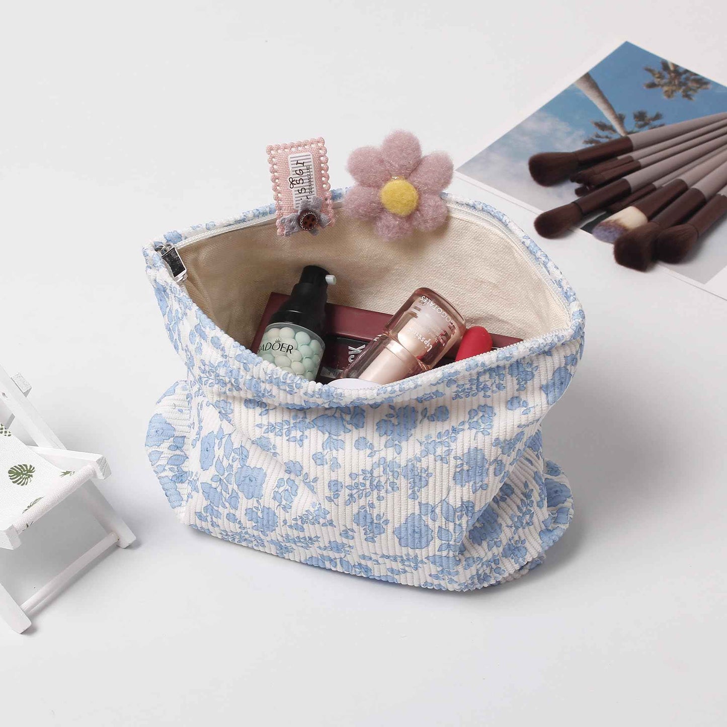 OZAOZ Makeup bag for Women, Flower Cosmetic Bags Zipper Pouch, Large Capacity Corduroy Makeup Bag, Travel Toiletry Bag Organizer for Women and Girls (Flower-F)