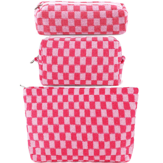 ZLFSRQ 3Pcs Checkered Makeup Bag for Women Large Medium Small Pink Cosmetic Bag Set Travel Makeup Pouch for Purse Zipper Toiletry Organizer Cute Washable Preppy Trendy Makeup Brushes Storage Bag