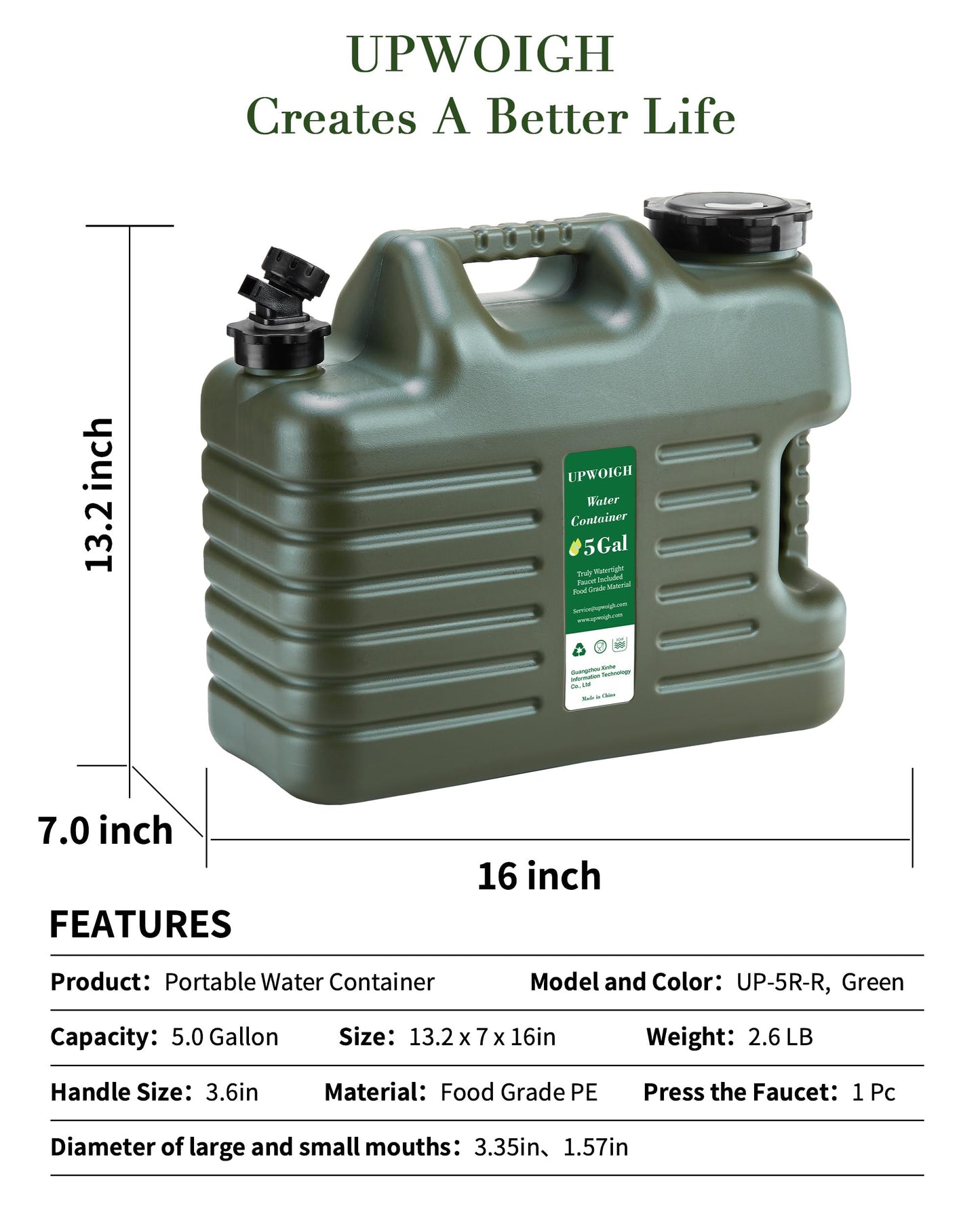 UPWOIGH 5 Gallon Water Jug, Camping Water Container, Truly No Leakage Water Storage, Large Military Green Water Tank,BPA Free Portable Emergency Overlanding Gear for Outdoors Hiking
