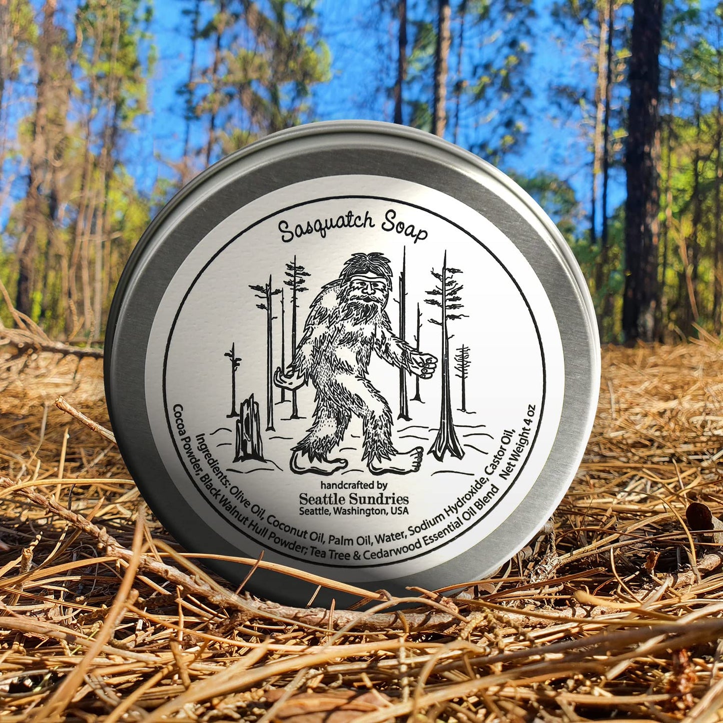 Seattle Sundries Sasquatch Soap Bar Natural Skin Care, 1 (4oz) Handmade Soap Bar in a Retro Aesthetic Gift Tin with a Woodsy Scent, Camp & Bigfoot Gift Idea