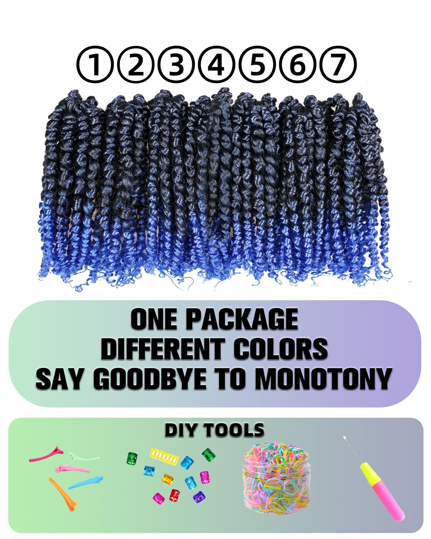 10 Inch 7 Packs Pre Looped Pretwisted Passion Twist Crochet Hair for Black Women and Kids-Ombre Blue,Soft Hair Extensions Braided by Synthetic Spring Kinky Twist Bohemian Curl(10"-7 Packs,T1B/Blue)