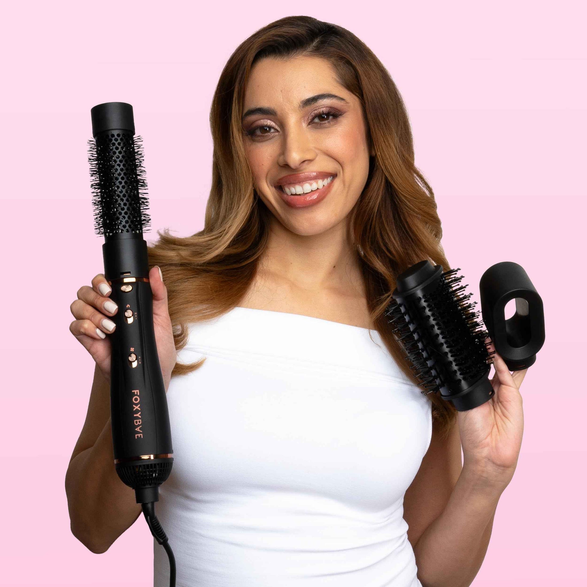 FoxyBae 3-in-1 Ceramic Interchangeable Hair Tools - Blowout Dryer - 3 Detachable Heads: 2.4" Blowout-Brush, 1.5" Hot Round Brush & Drying Cylinder Hair-Dryer & Hair Styling Set (Black Rose-Gold)