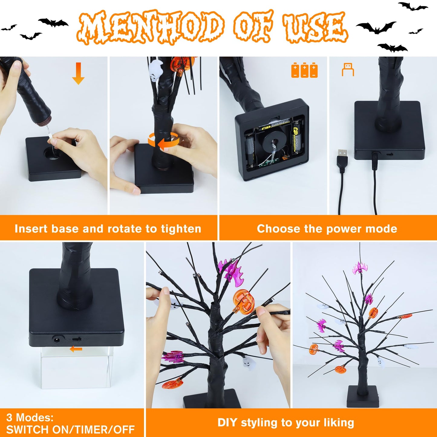 [Timer] 2 Pack 18" Black Halloween Tree, 48 LED Spooky Lighted Halloween Table Decor with Pumpkin Bat Ghost Lights, USB/Battery Operated Halloween Decorations Indoor Birch Tree for Home Party Mantle