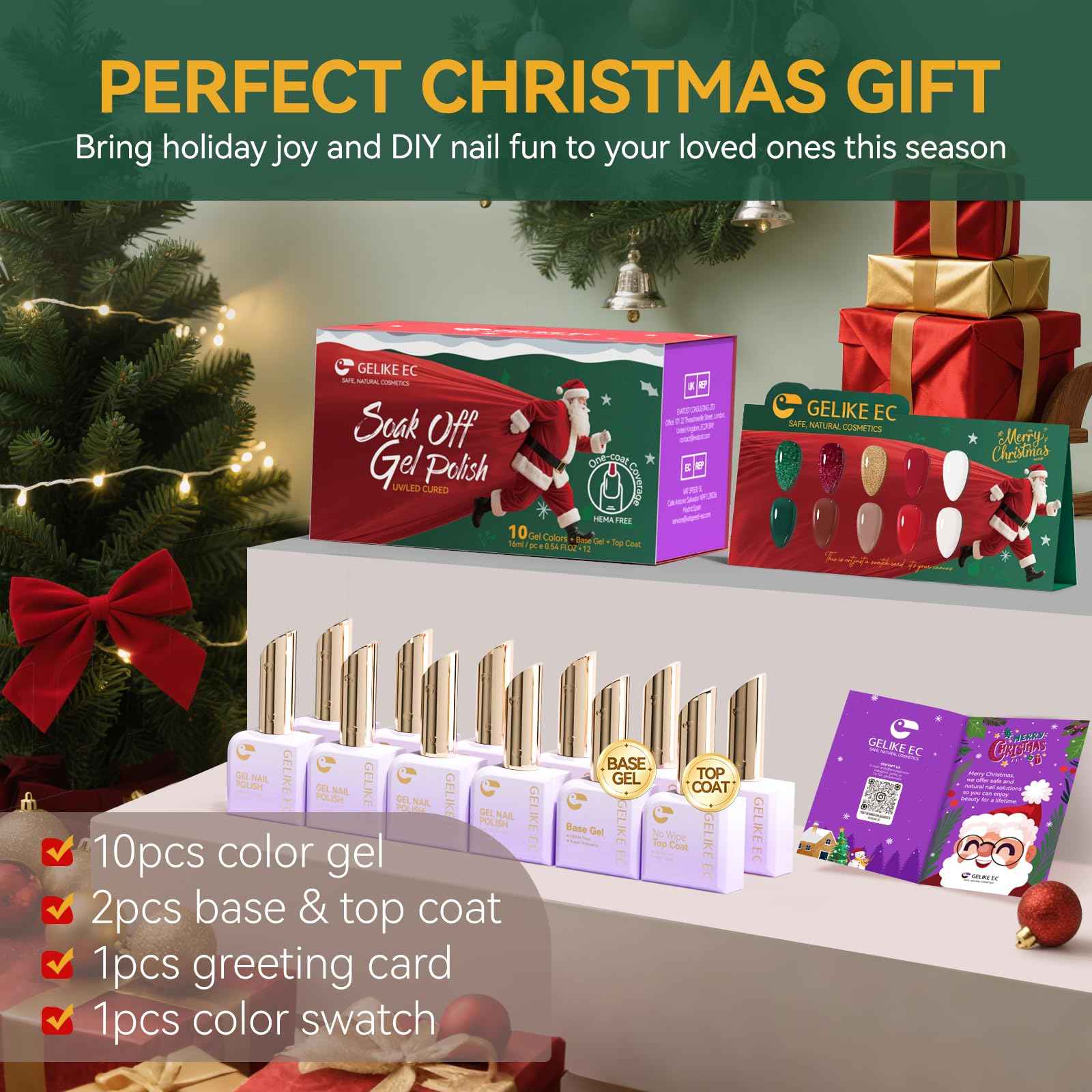 Gelike EC Christmas Gel Polish Set: Highly Pigmented Gel Nail Polish with Hema Free Base Top Coat and Greeting Color Cards 12pcs 16ML Big Bottle for Young Women - Festival Gift & DIY at Home