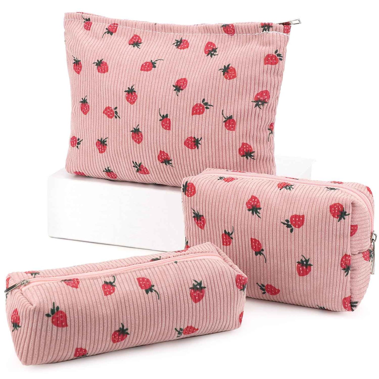 EIMMBD Makeup Bag 3 Pieces Large Capacity Cosmetic Bags Travel Toiletry Bag Organizer Cute Makeup Pouch Storage for Women(Pink Strawberry)