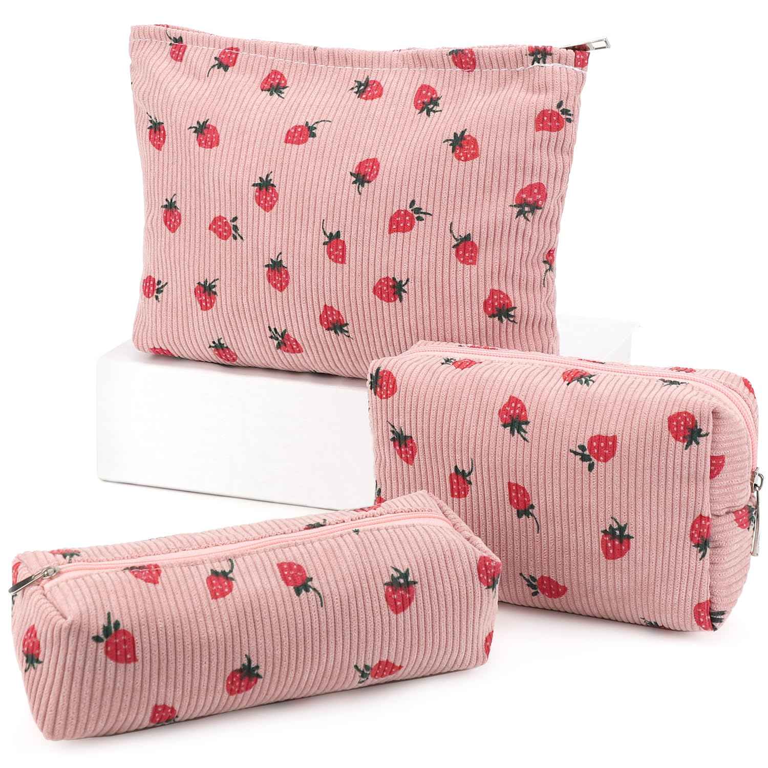 EIMMBD Makeup Bag 3 Pieces Large Capacity Cosmetic Bags Travel Toiletry Bag Organizer Cute Makeup Pouch Storage for Women(Pink Strawberry)