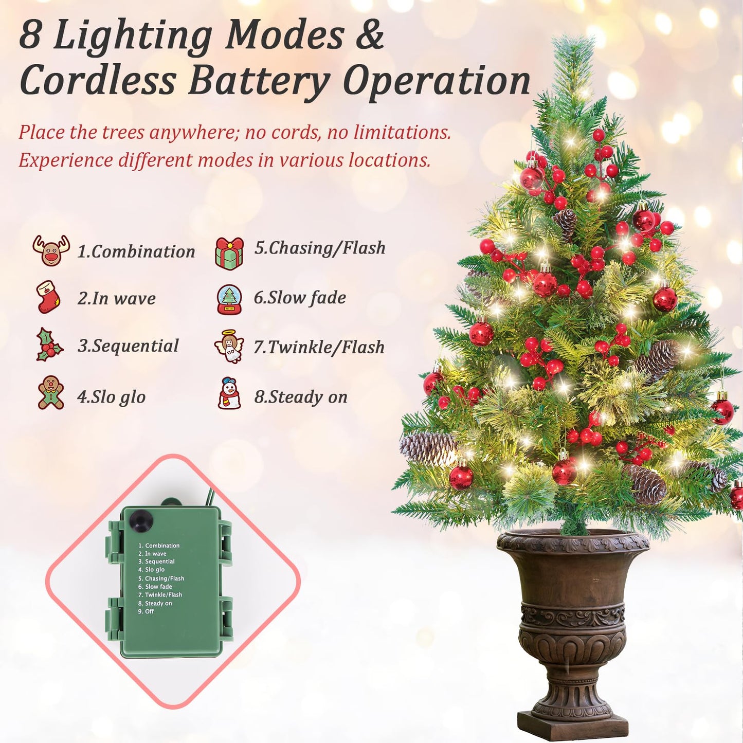 Set of 2 Outdoor Pathway Christmas Trees, 30” Battery Operated Pre-Lit Artificial Xmas Trees with 35 LED Lights, 8 Flash Modes, Holiday Décor for Porch Yard with Red Berries/Pine Cones/Ball Ornaments