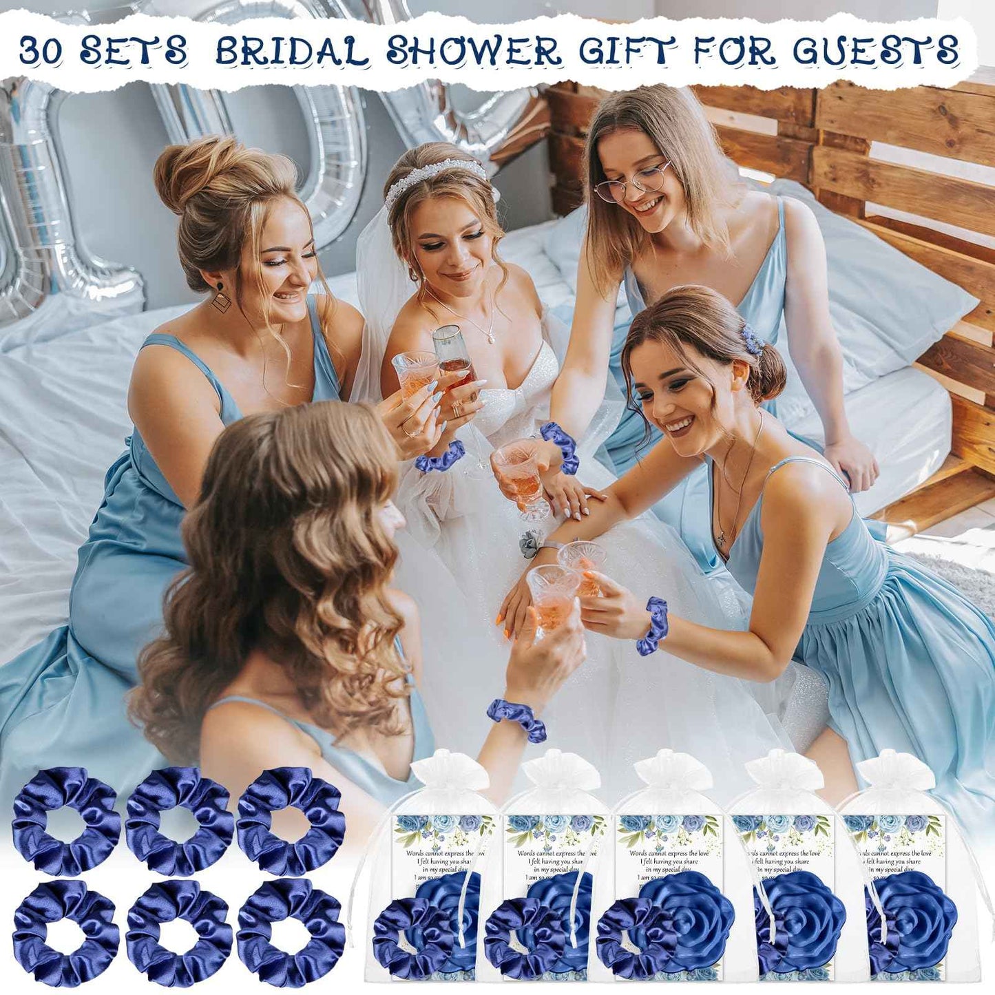 XunYee 30 Sets Bridal Shower Favors for Guests 30 Rose Compact Mirror Bulk 30 Hair Ties Satin Elastic Scrunchies 30 Thank You Card and Organza Bags Souvenir Gift for Wedding Party Favors (Dusty Blue)