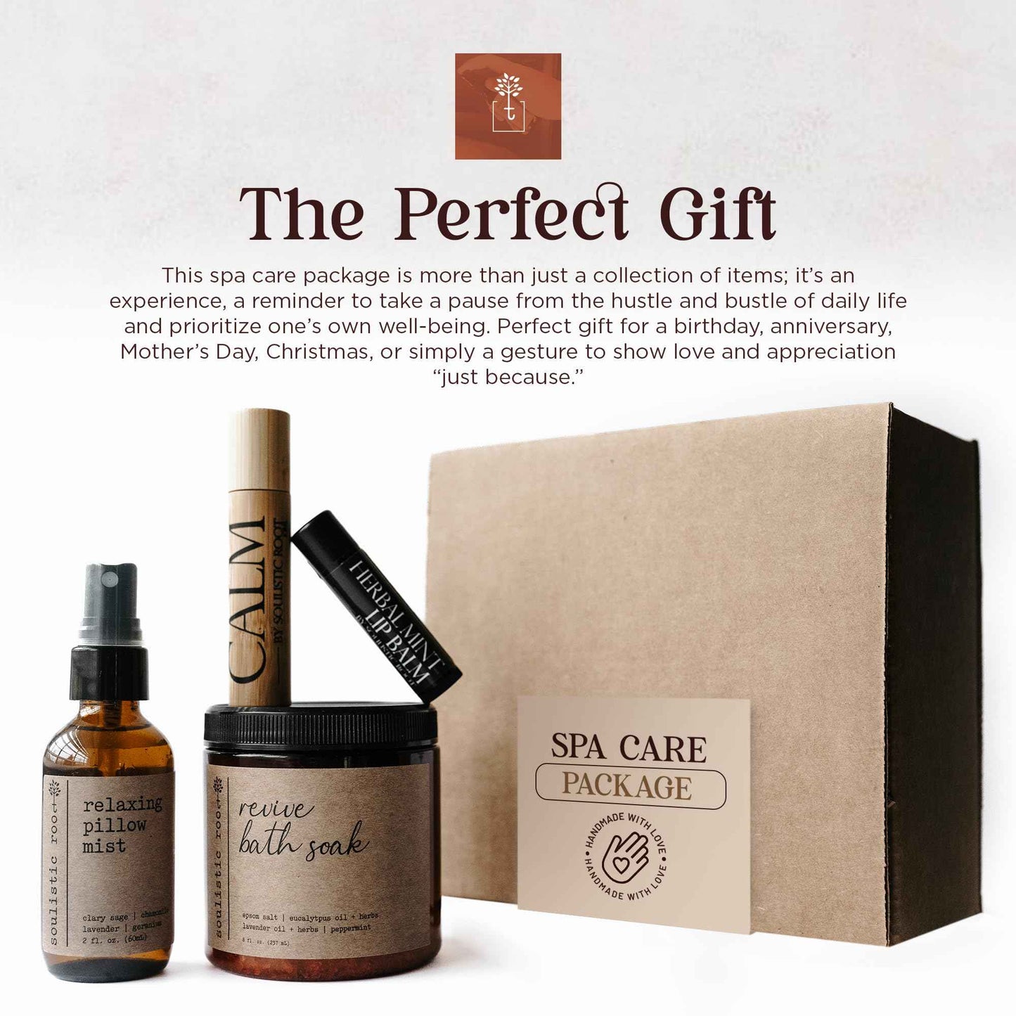 SOULISTIC ROOT Spa Kit for Women – Relaxing Self Care Gift Set with Lavender Pillow Spray, Mint Lip Balm, Calm Essential Oil Roller & Epsom Salt Bath Soak – Luxury Pampering Package for Home & Bath