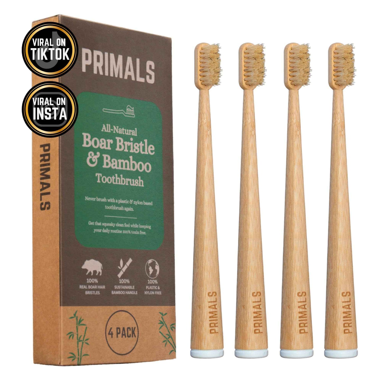 PRIMALS Boar Bristle & Bamboo Toothbrush (4-Pack) - Premium Boar Bristles - Fully Biodegradable - Plastic & Nylon Free - Quick Dry Design